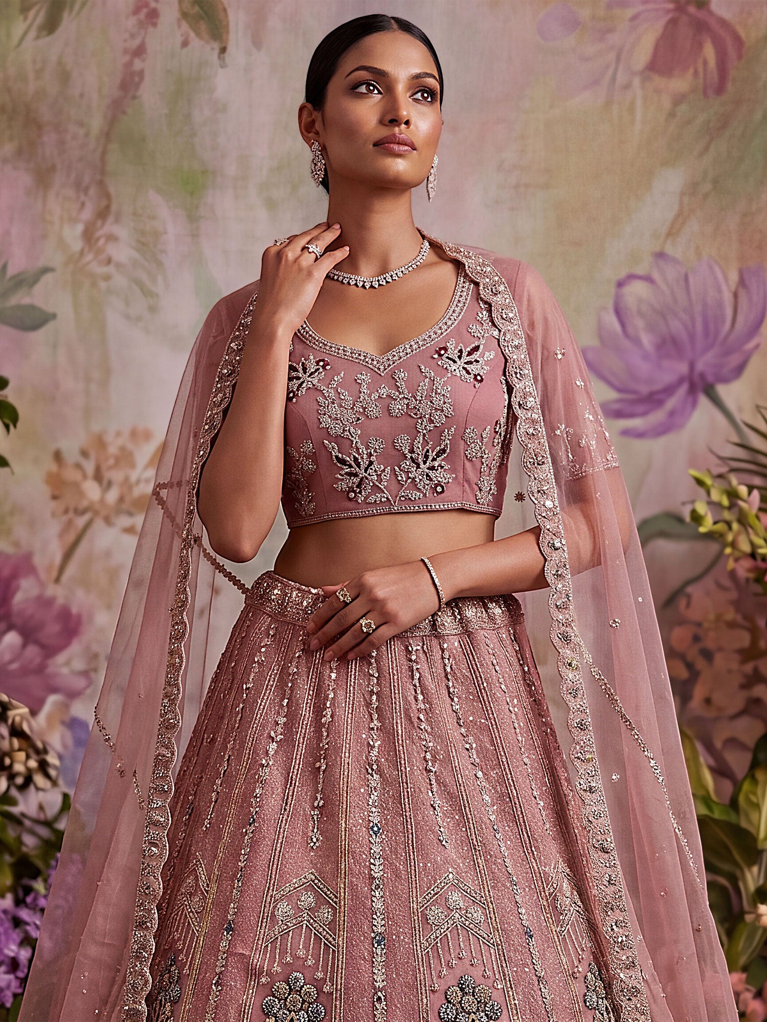 Pink Net Lehenga Set With Floral Embellishment