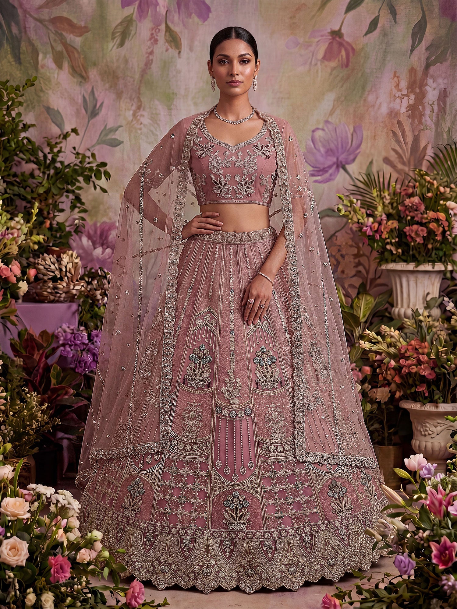 Pink Net Lehenga Set With Floral Embellishment
