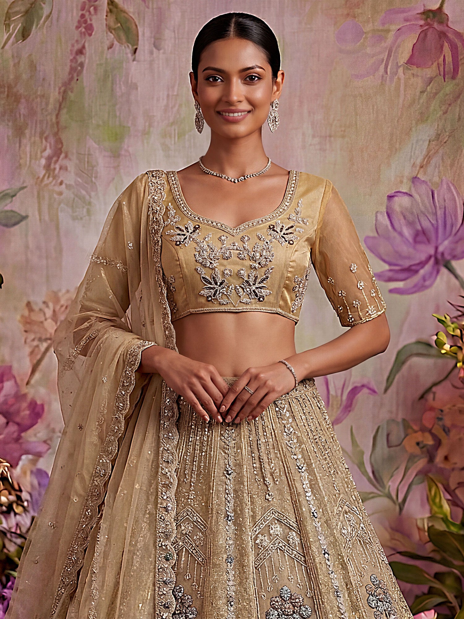 Golden Zari Work Bridesmaid Lehenga Set