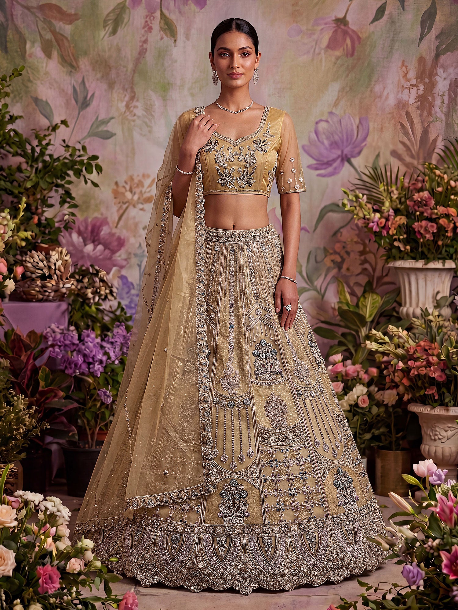 Golden Zari Work Bridesmaid Lehenga Set