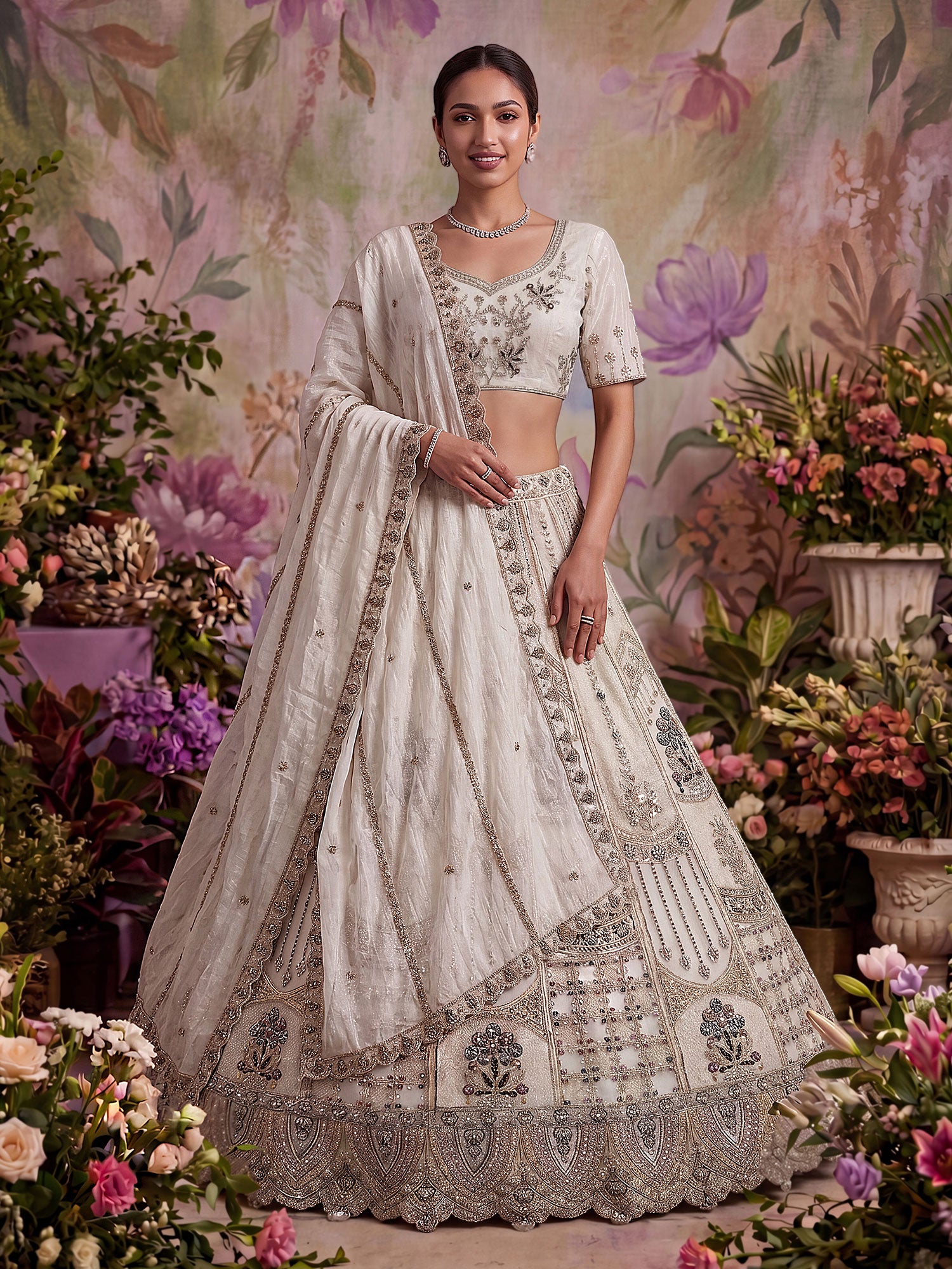 White Zari Work Bridesmaid Lehenga Choli
