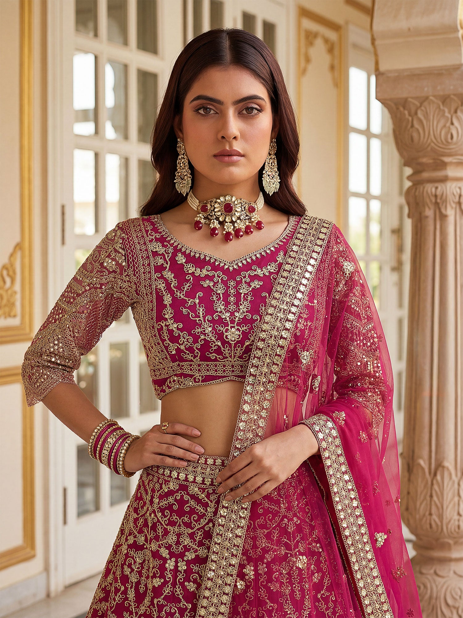 Rani Pink Heavy Zari Work Embellished Lehenga Set