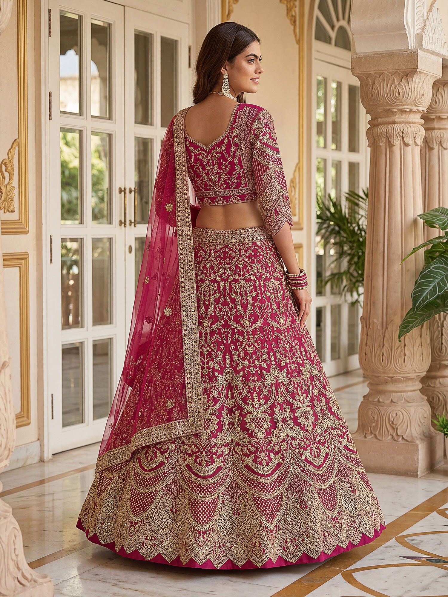 Rani Pink Heavy Zari Work Embellished Lehenga Set