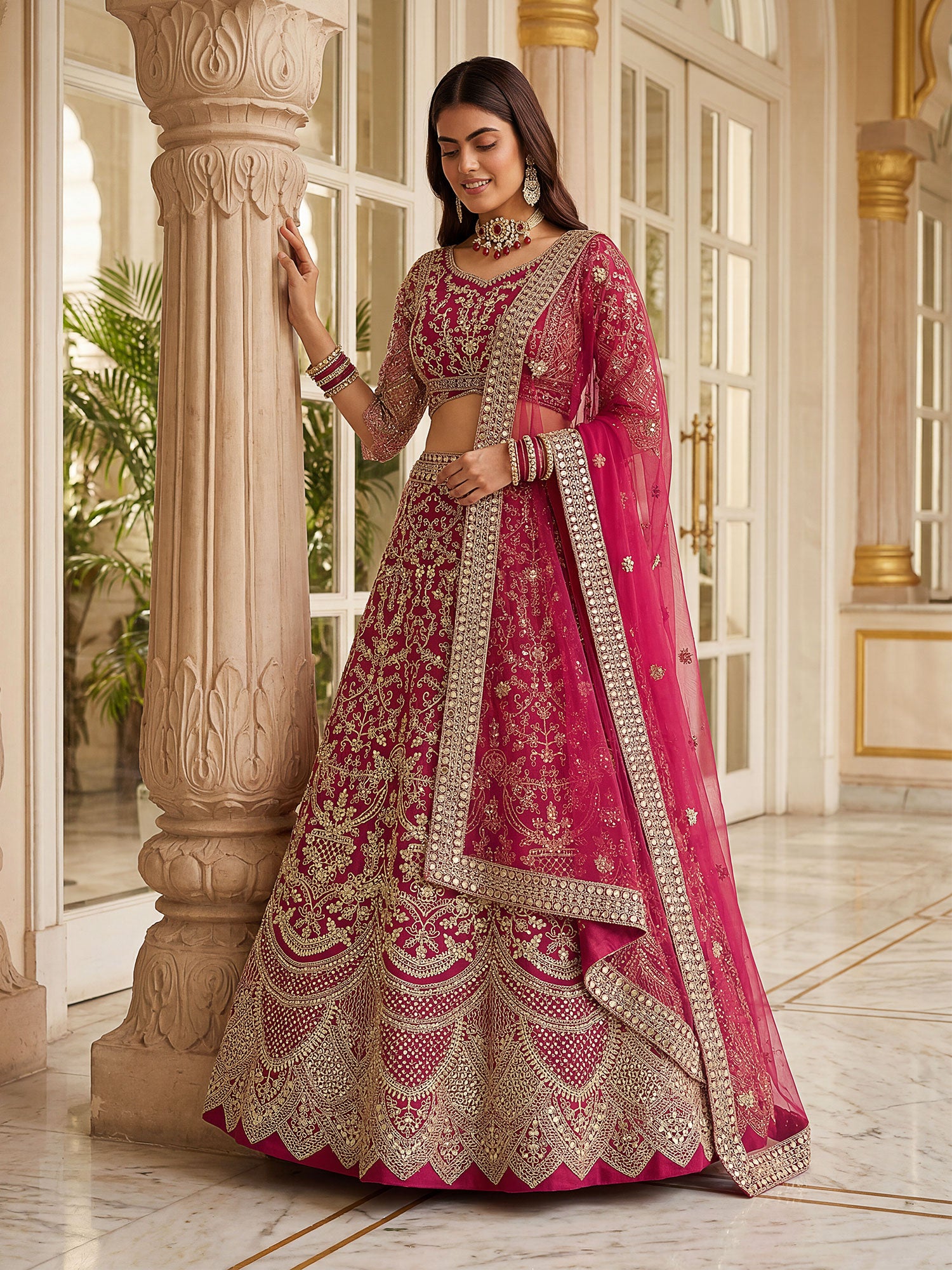 Rani Pink Heavy Zari Work Embellished Lehenga Set