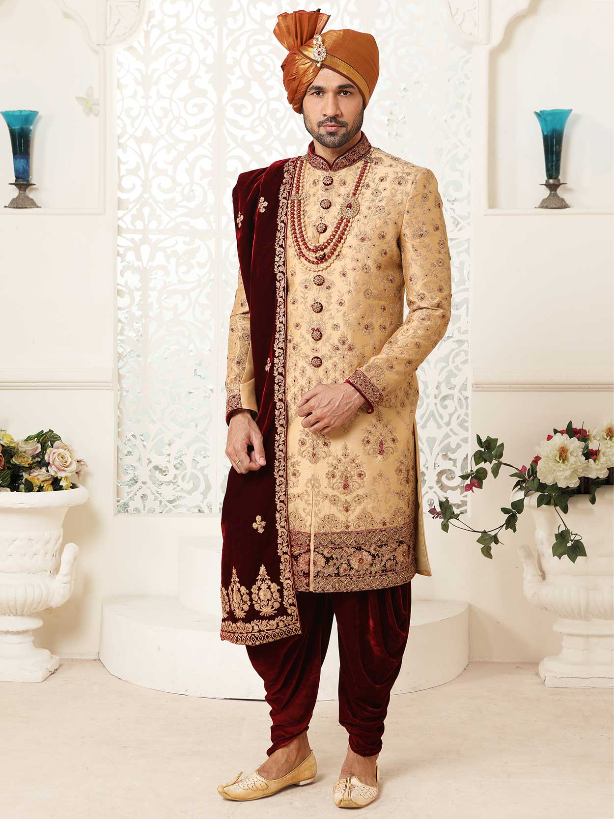 Designer Indian Wedding Sherwani In Golden Silk Fabric