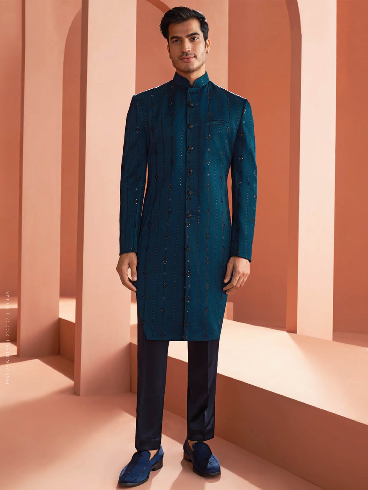 Blue Embroidered Indowestern In Velvet