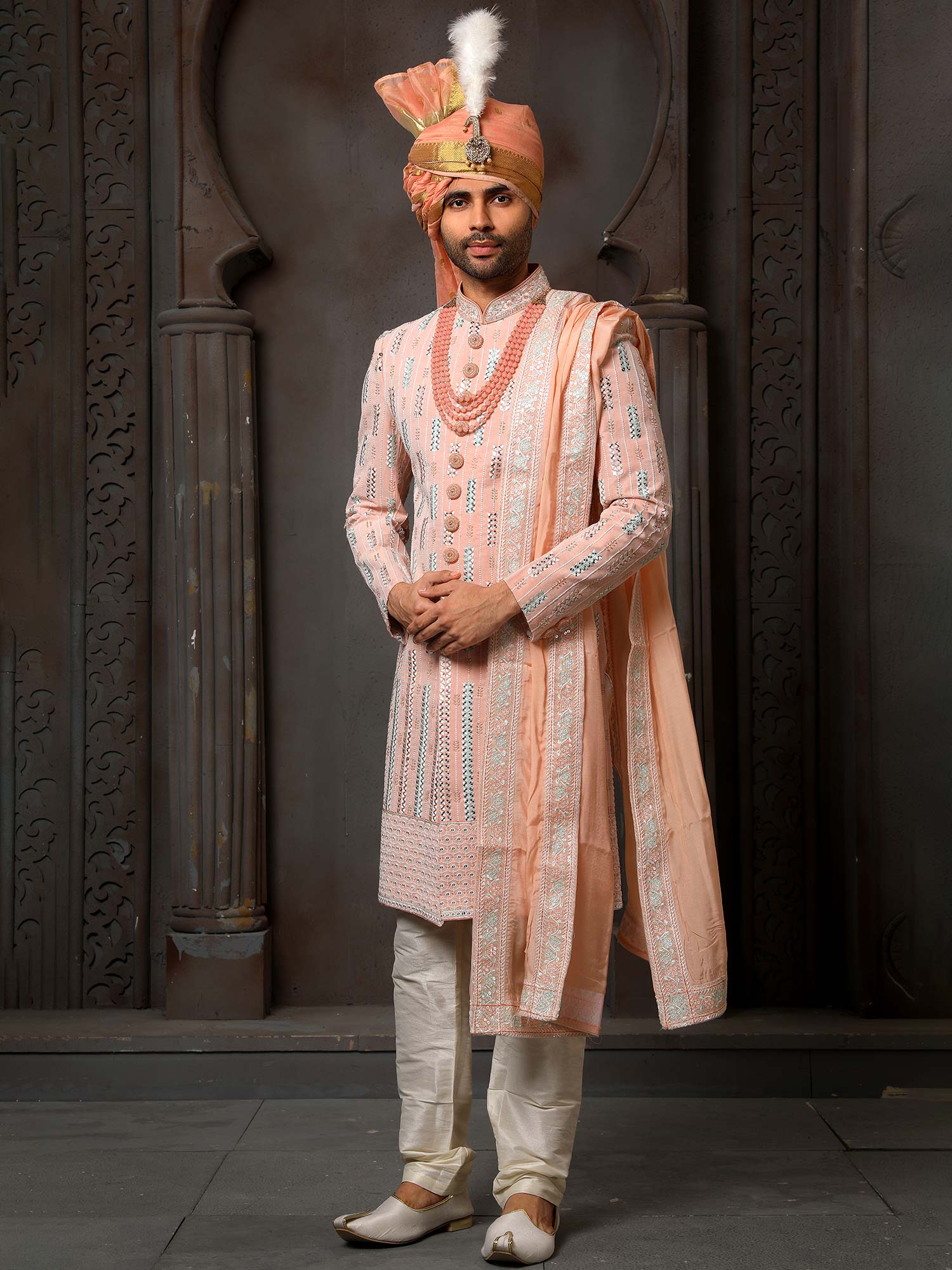 Peach Embroidered Mens Sherwani In Georgette