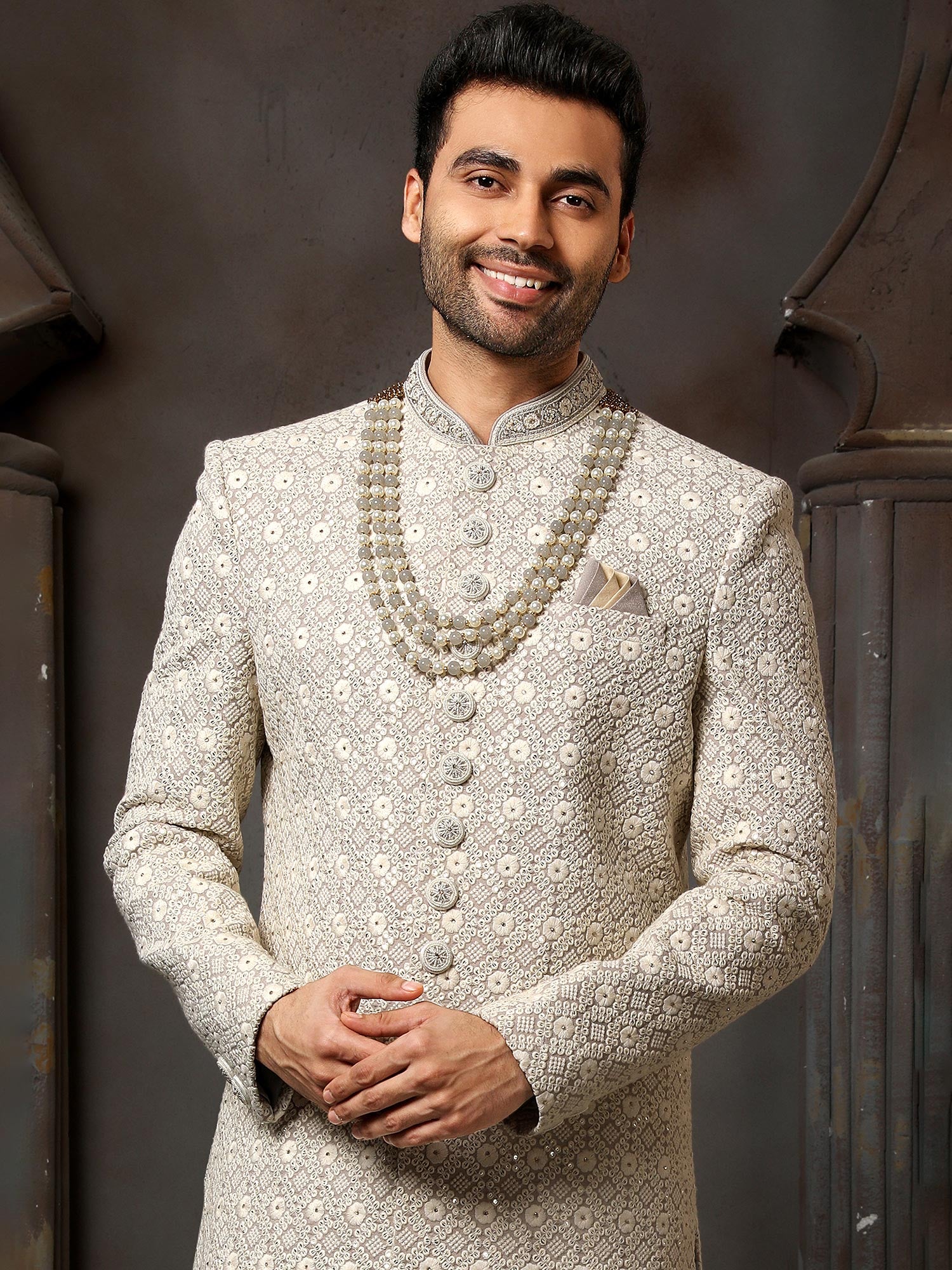 Grey Embroidered Art Silk Sherwani For Engagement