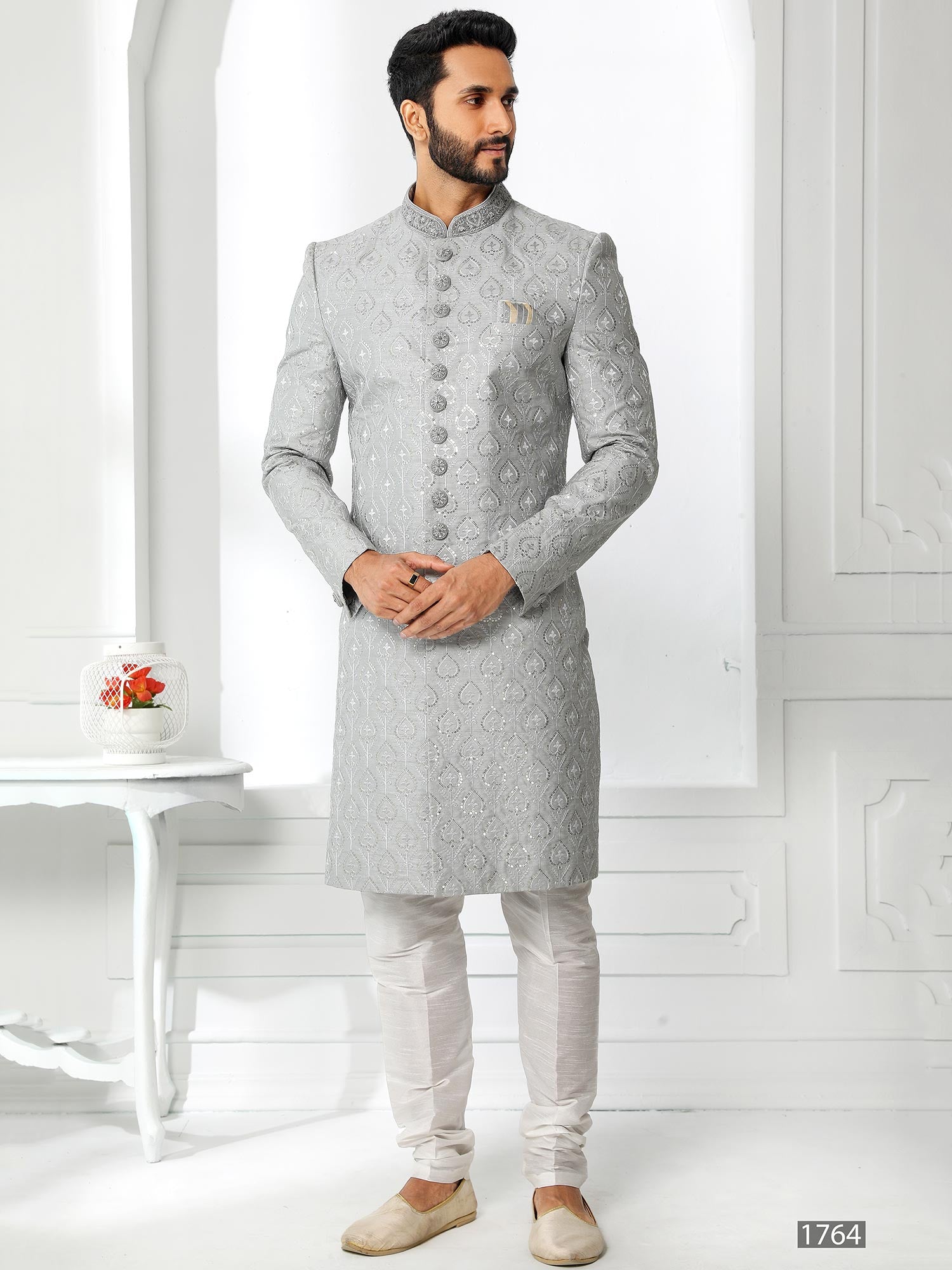 Grey Sequins Embroidered Art Silk Sherwani