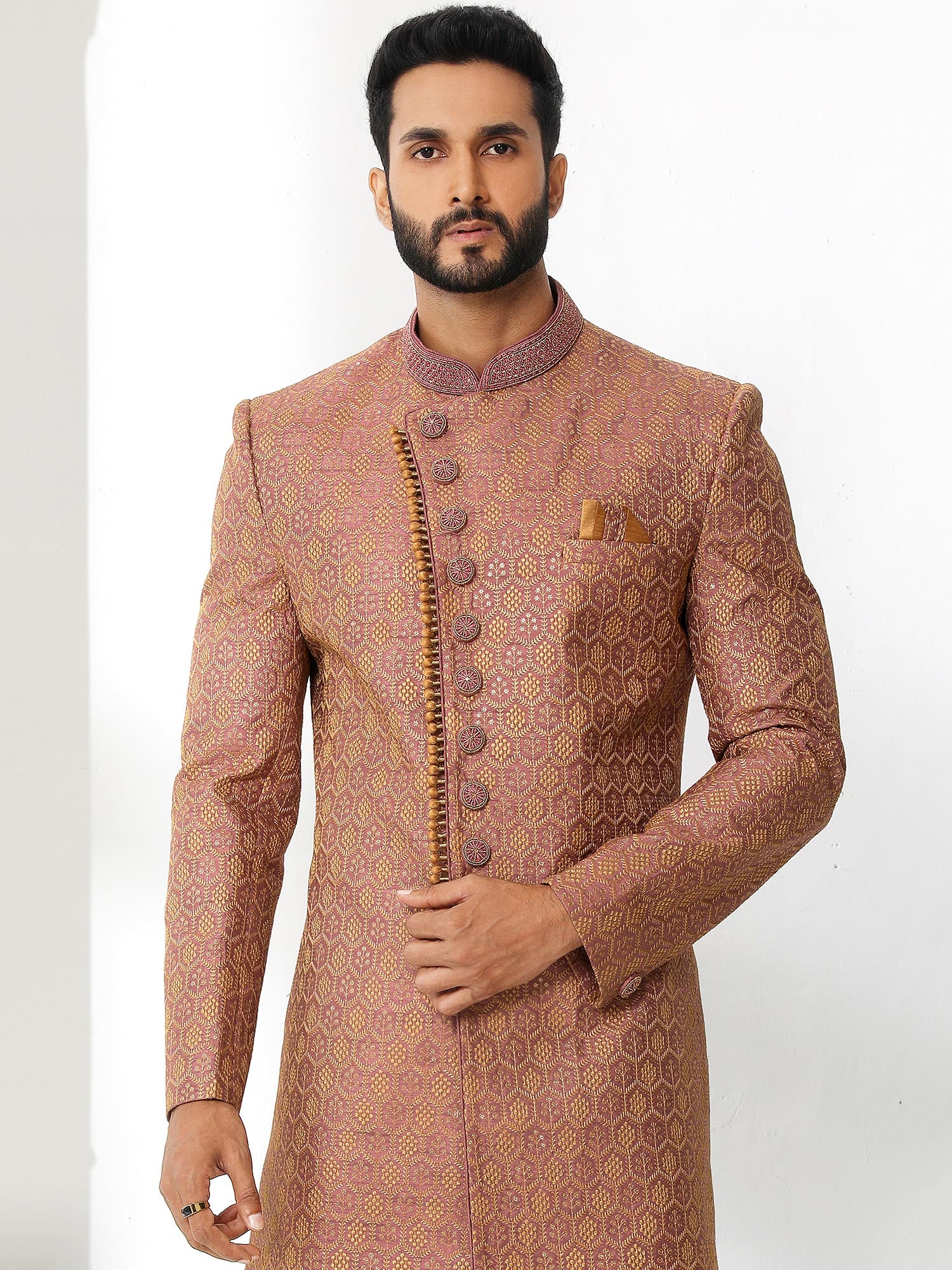 Pink Sequined Asymmetric Sherwani In Silk