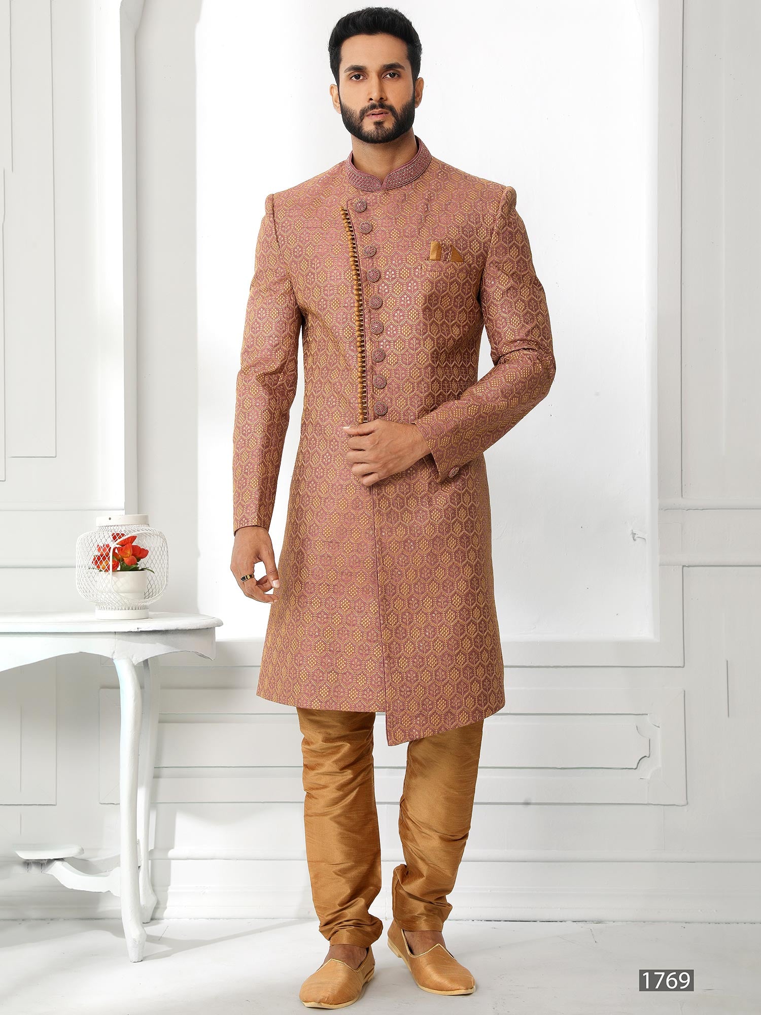Pink Sequined Asymmetric Sherwani In Silk