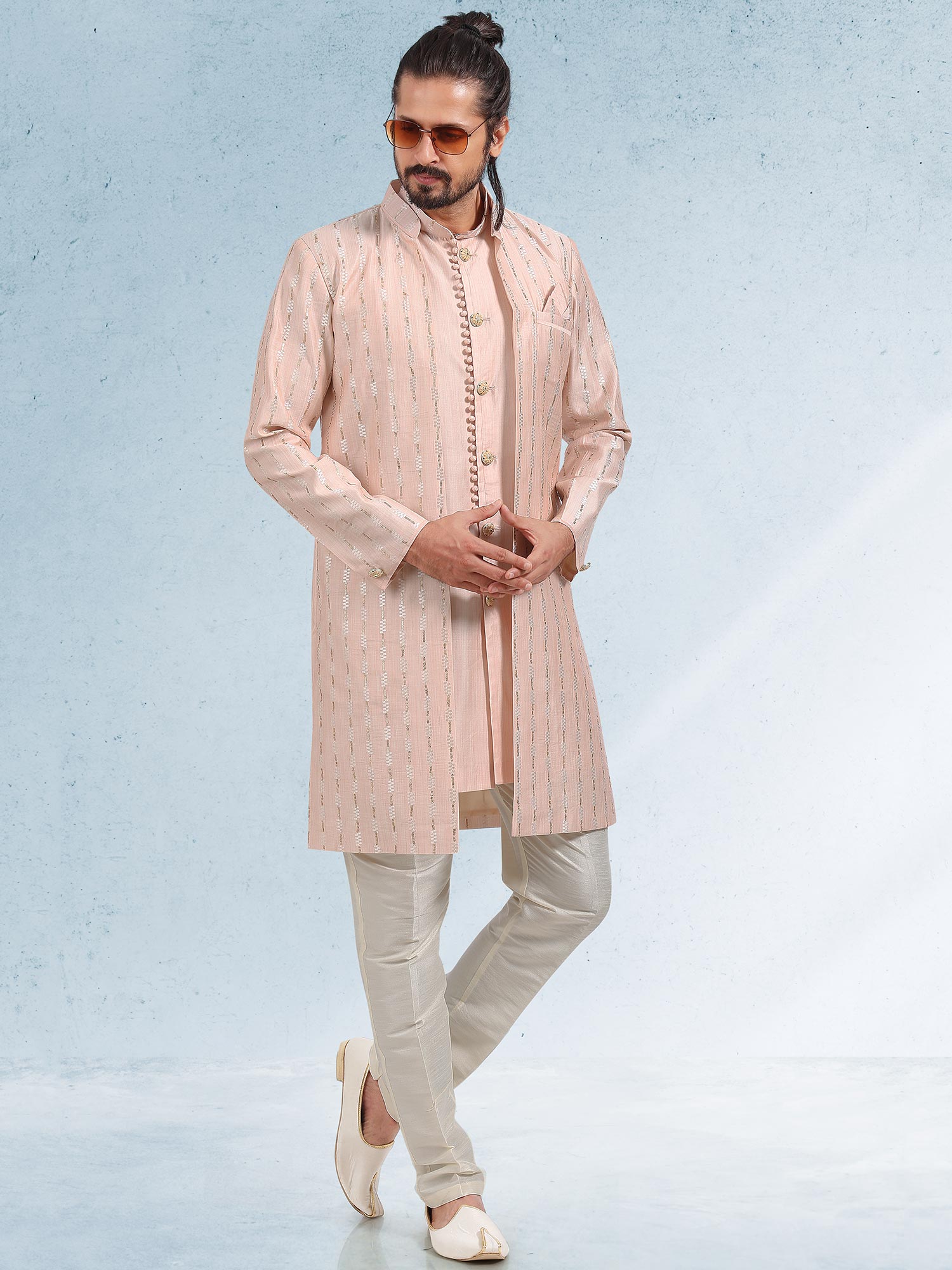 Pink Embroidered Kurta Pyjama And Jacket Set