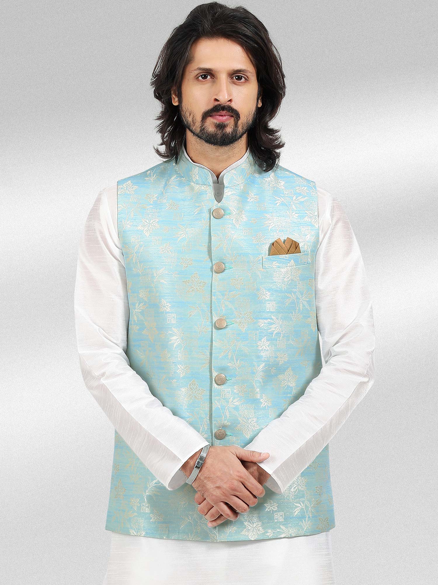 White Plain Kurta Pyjama With Jacquard Jacket