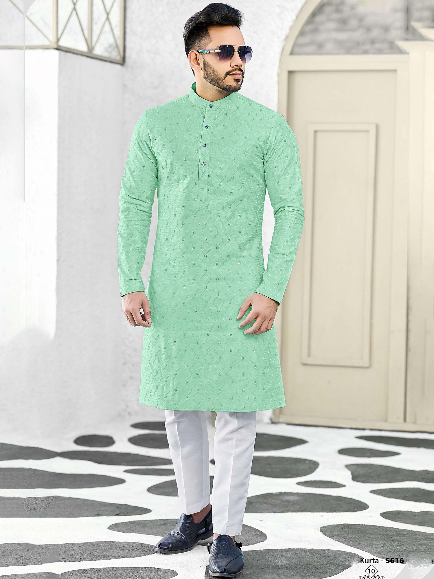 Turquoise Embroidered Kurta Pajama For Men