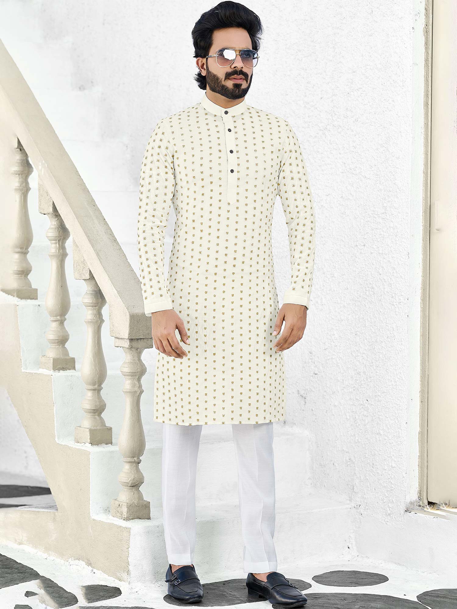 White Fetsive Printed Kurta Pyjama For Men