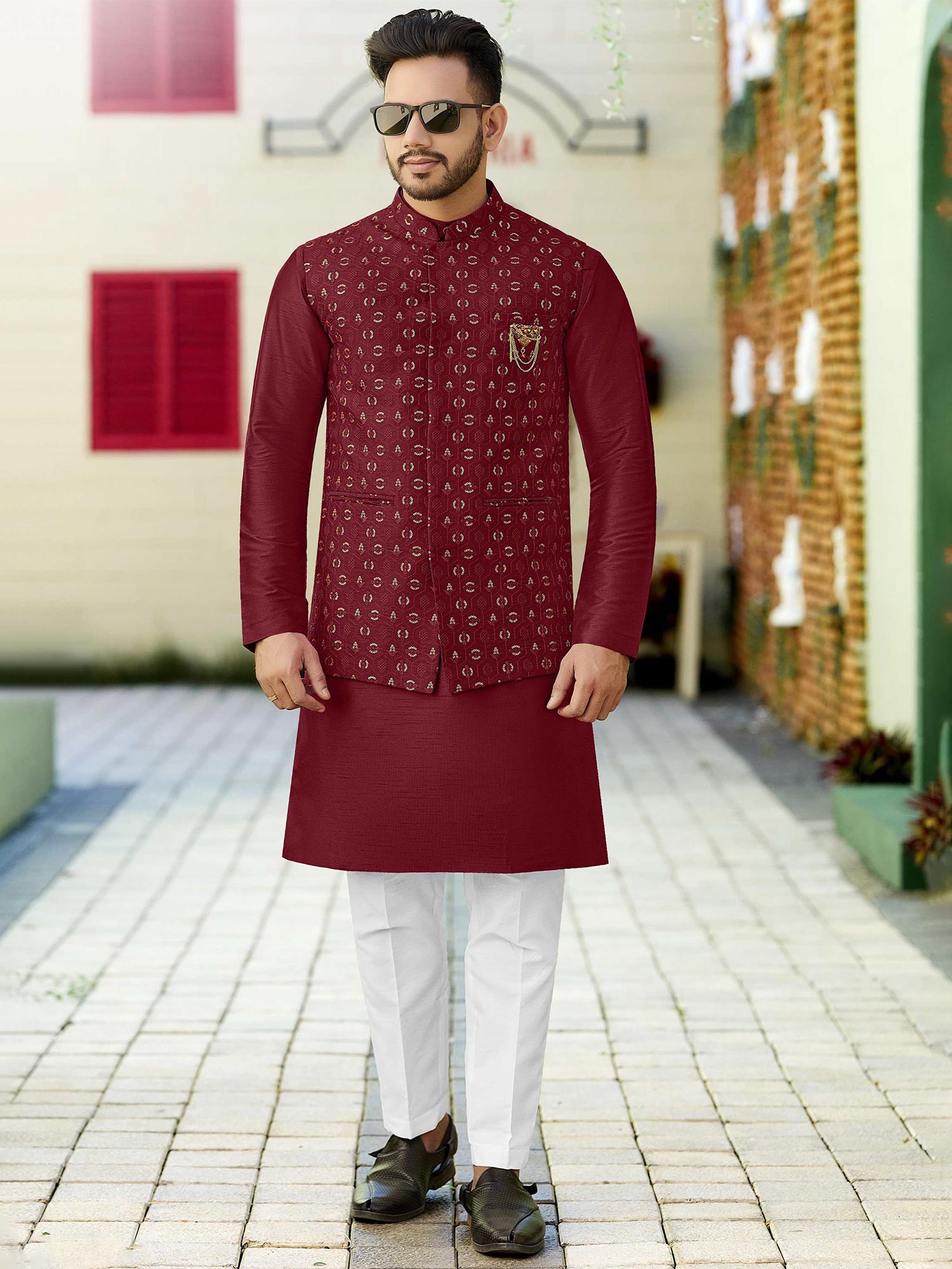 Maroon Festive Kurta Pyjama With Nehru Jacket