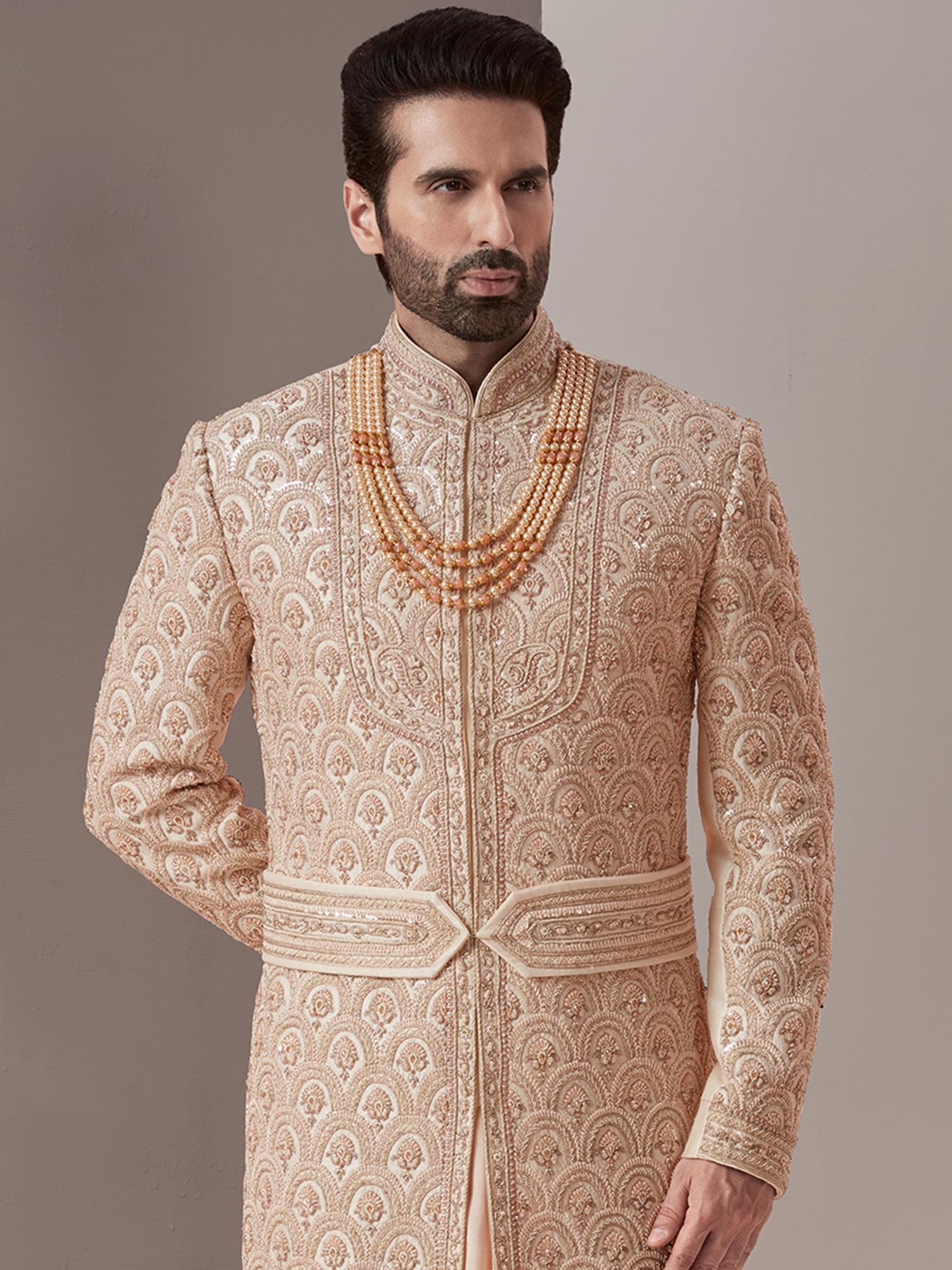 Cream Thread Embroidered Wedding Sherwani For Men