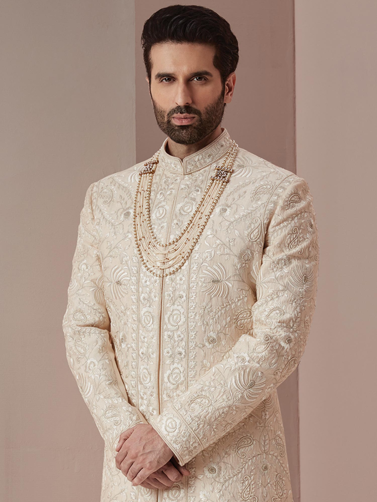 Off White Thread Embroidered Kurta With Sherwani Set