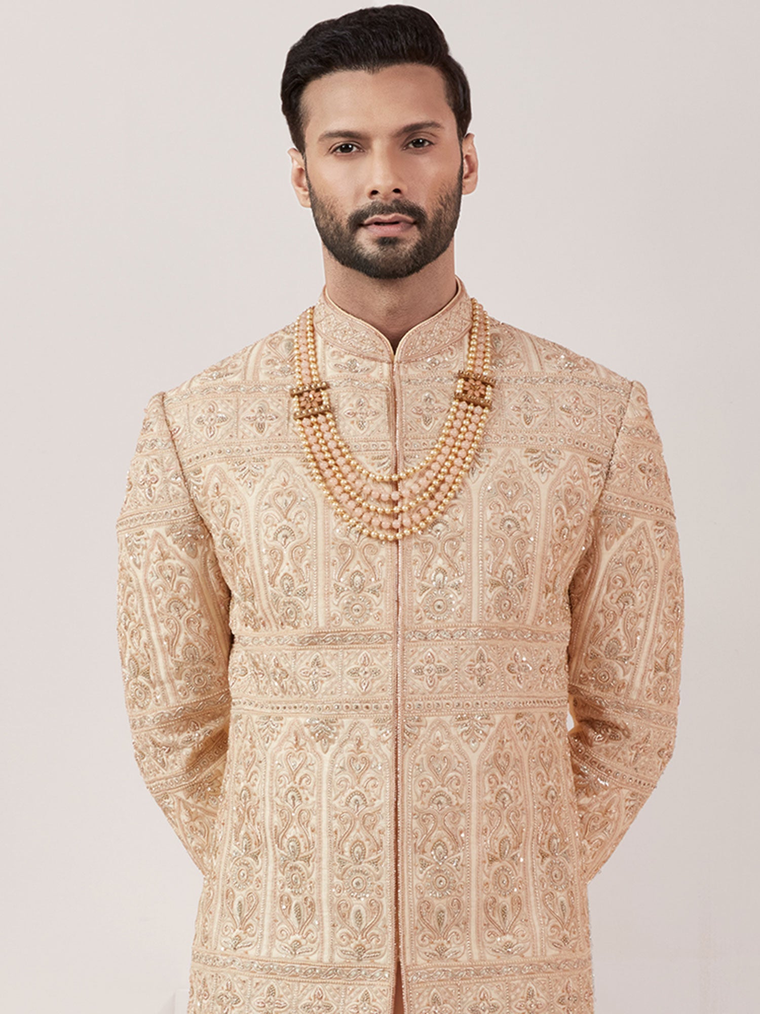Cream Zardozi Work Sherwani Set In Silk