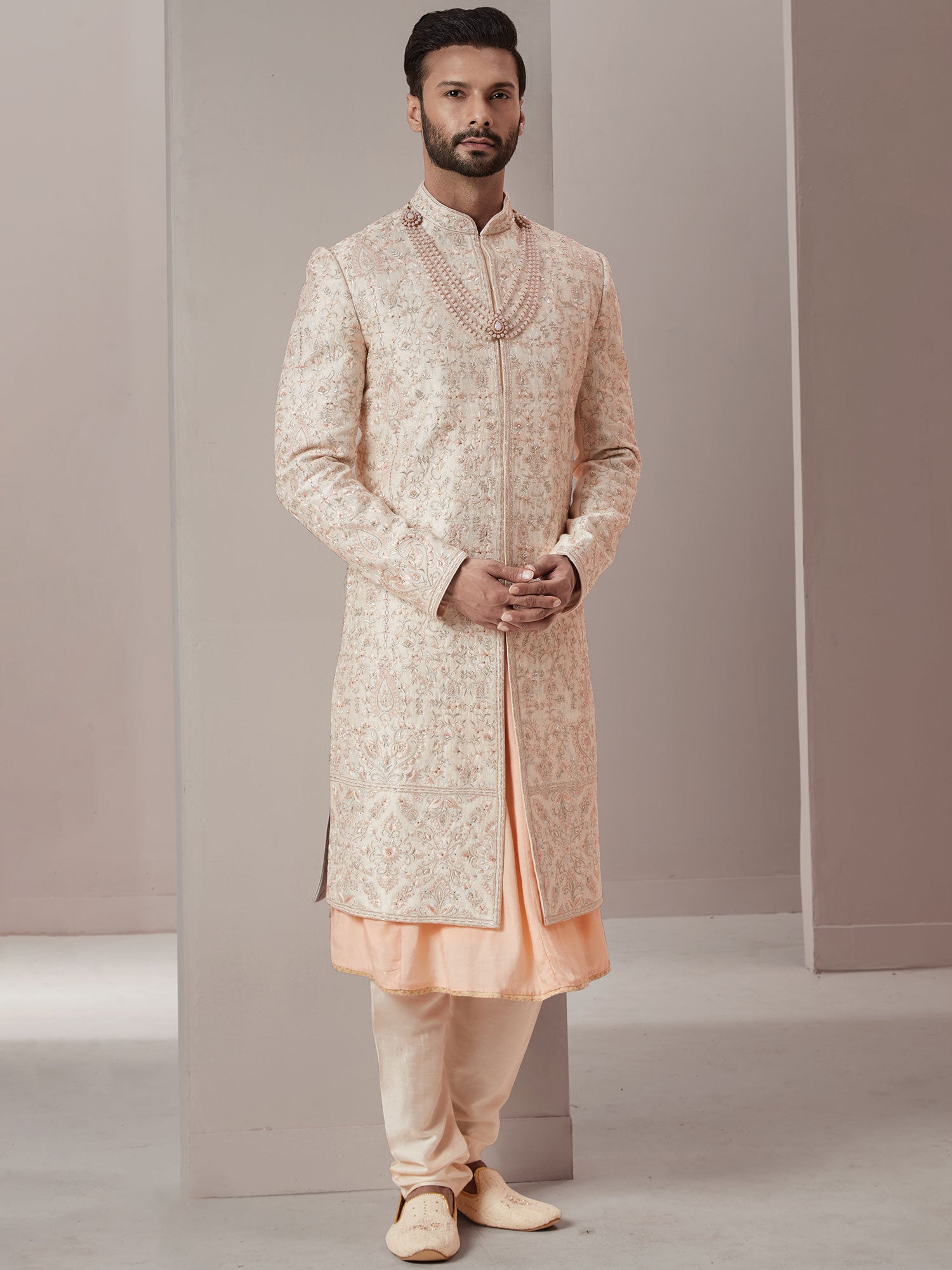 Peach Wedding Sherwani With Kurta Set