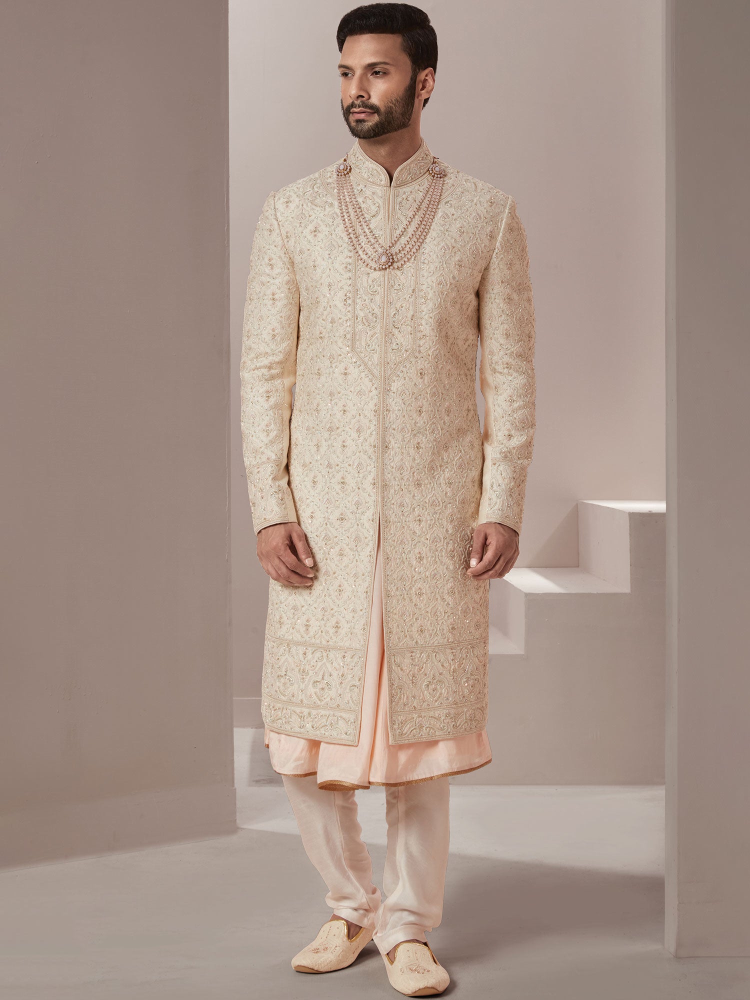 Off White Hand Embroidered Sherwani In Silk