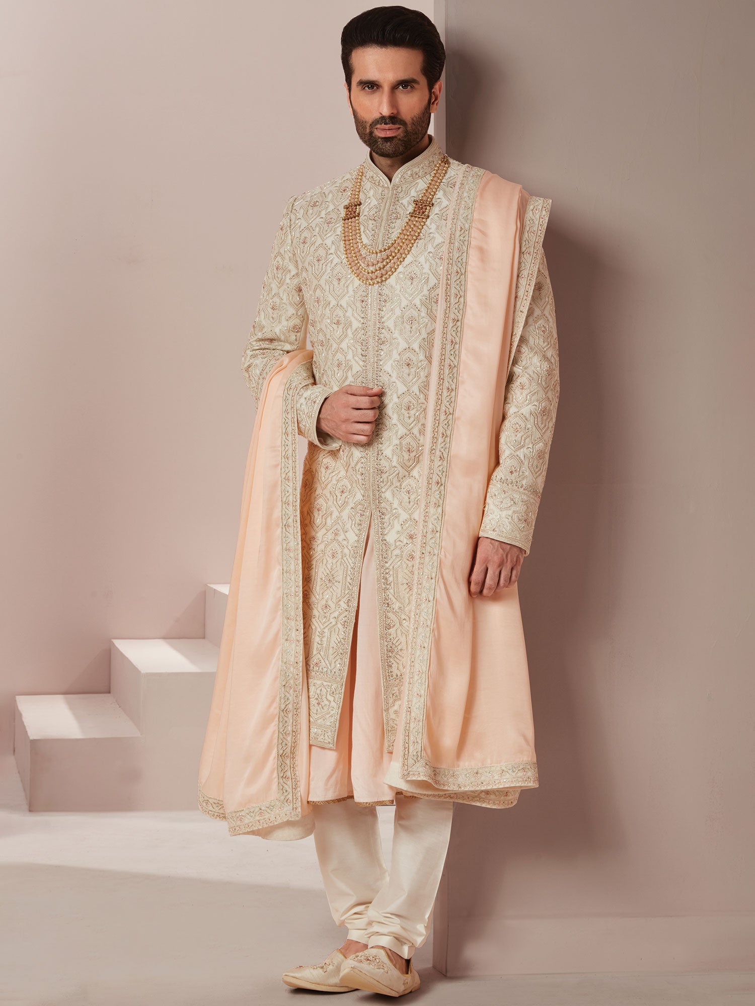 Off White Groom Silk Sherwani Set With Stole