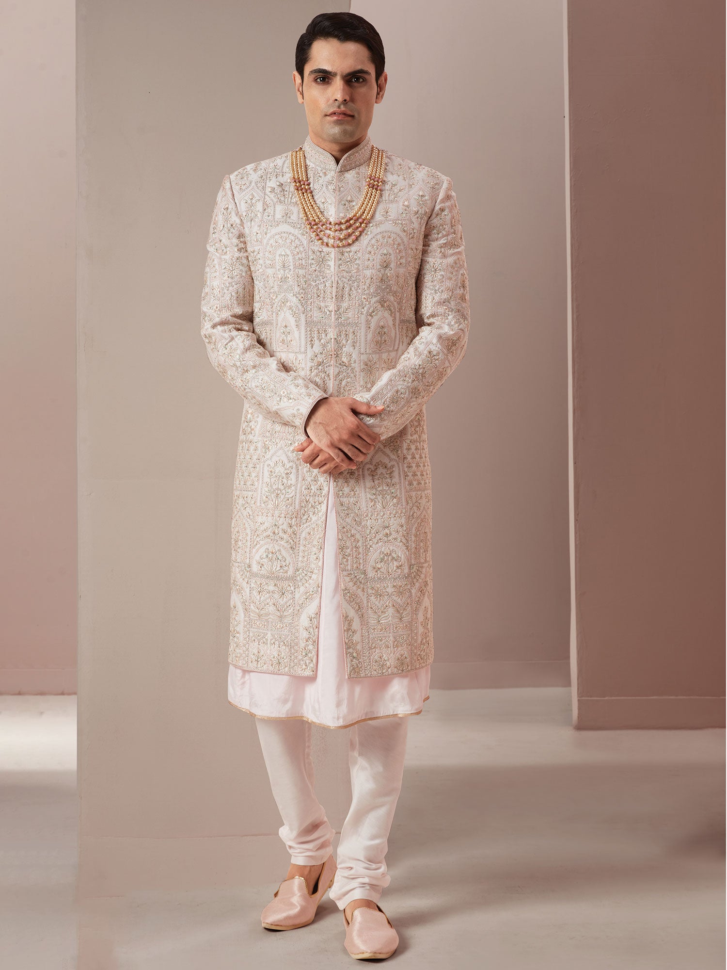 White Groom Silk Sherwani With Hand Embroidery