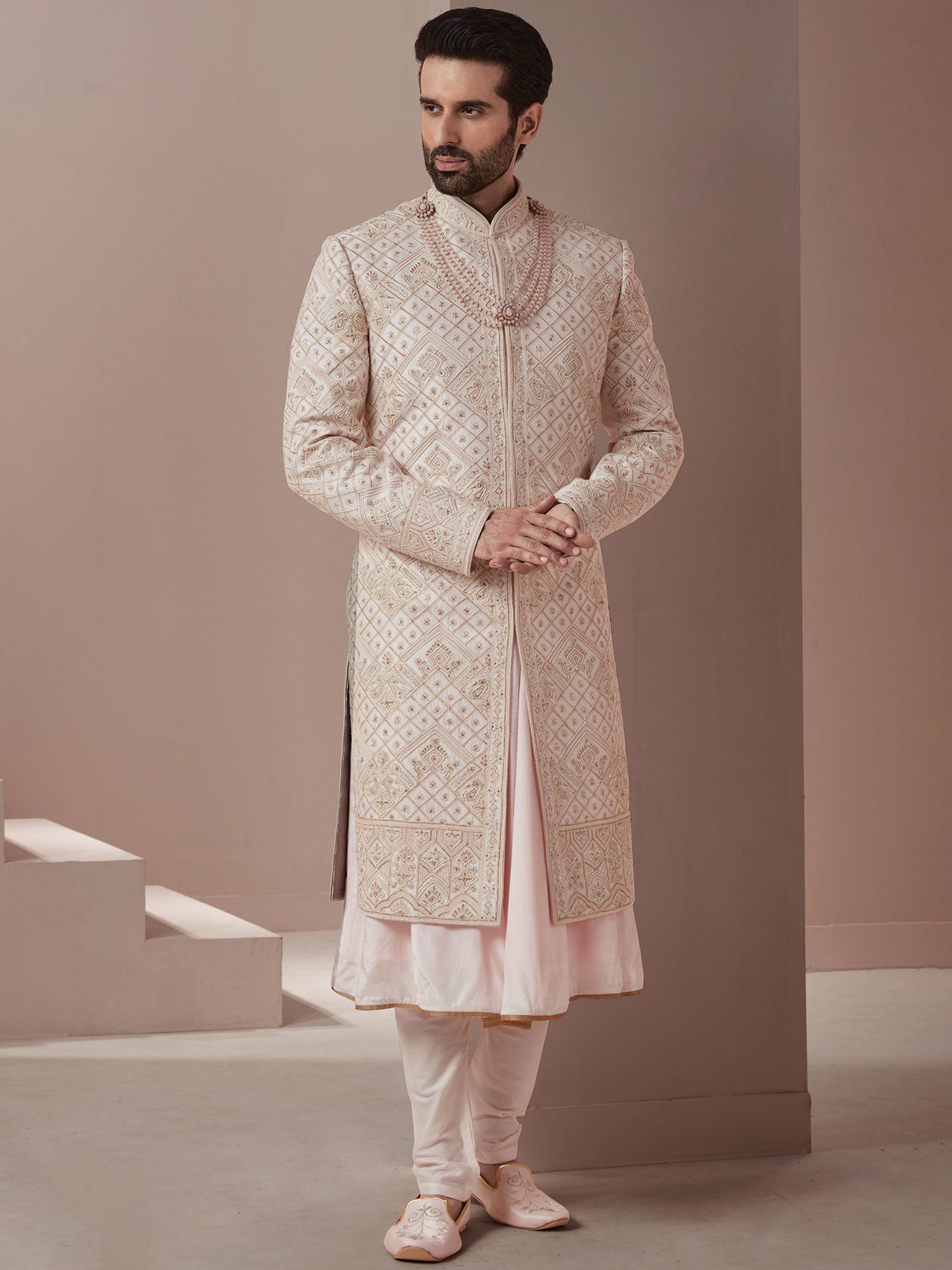 Readymade White Sherwani With Anarkali Kurta In Silk