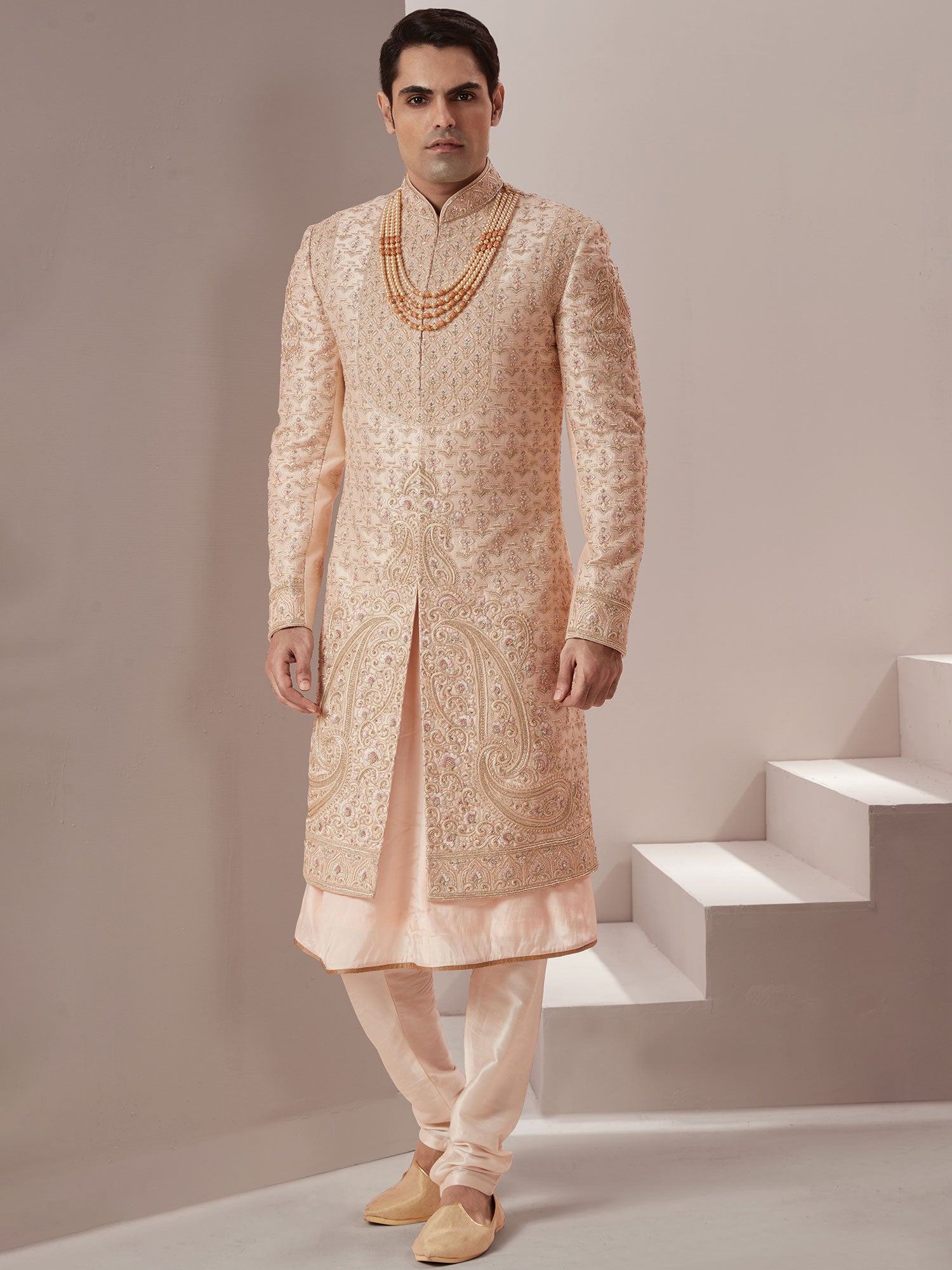 Cream Silk Sherwani With Anarkali Kurta Set