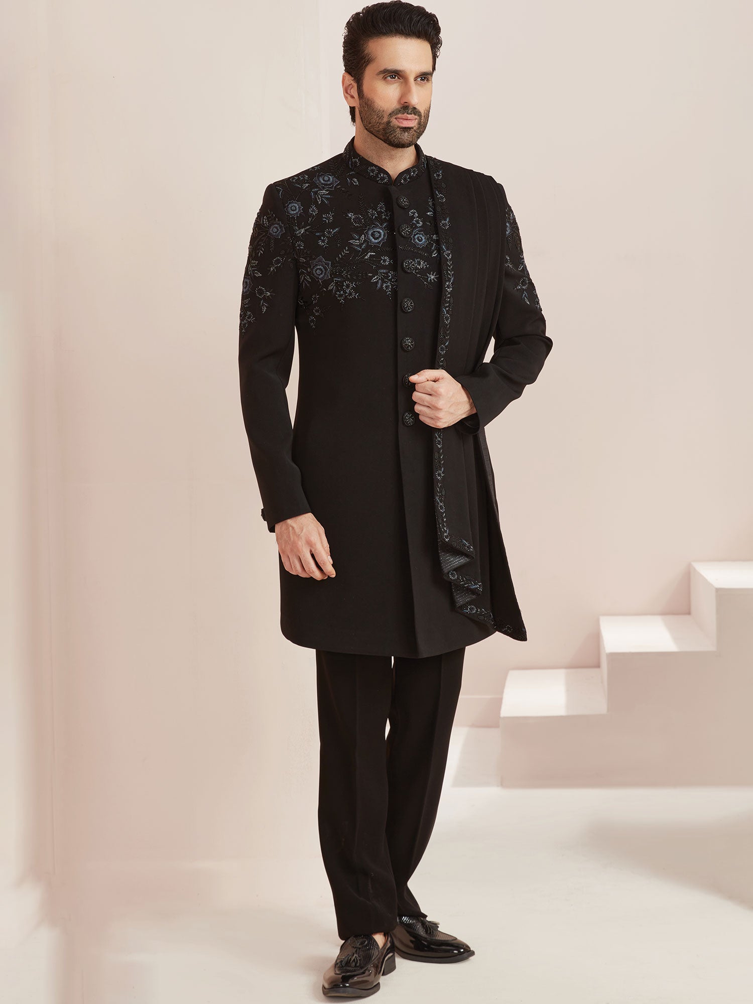 Black Silk Indo Western With Attached Stole