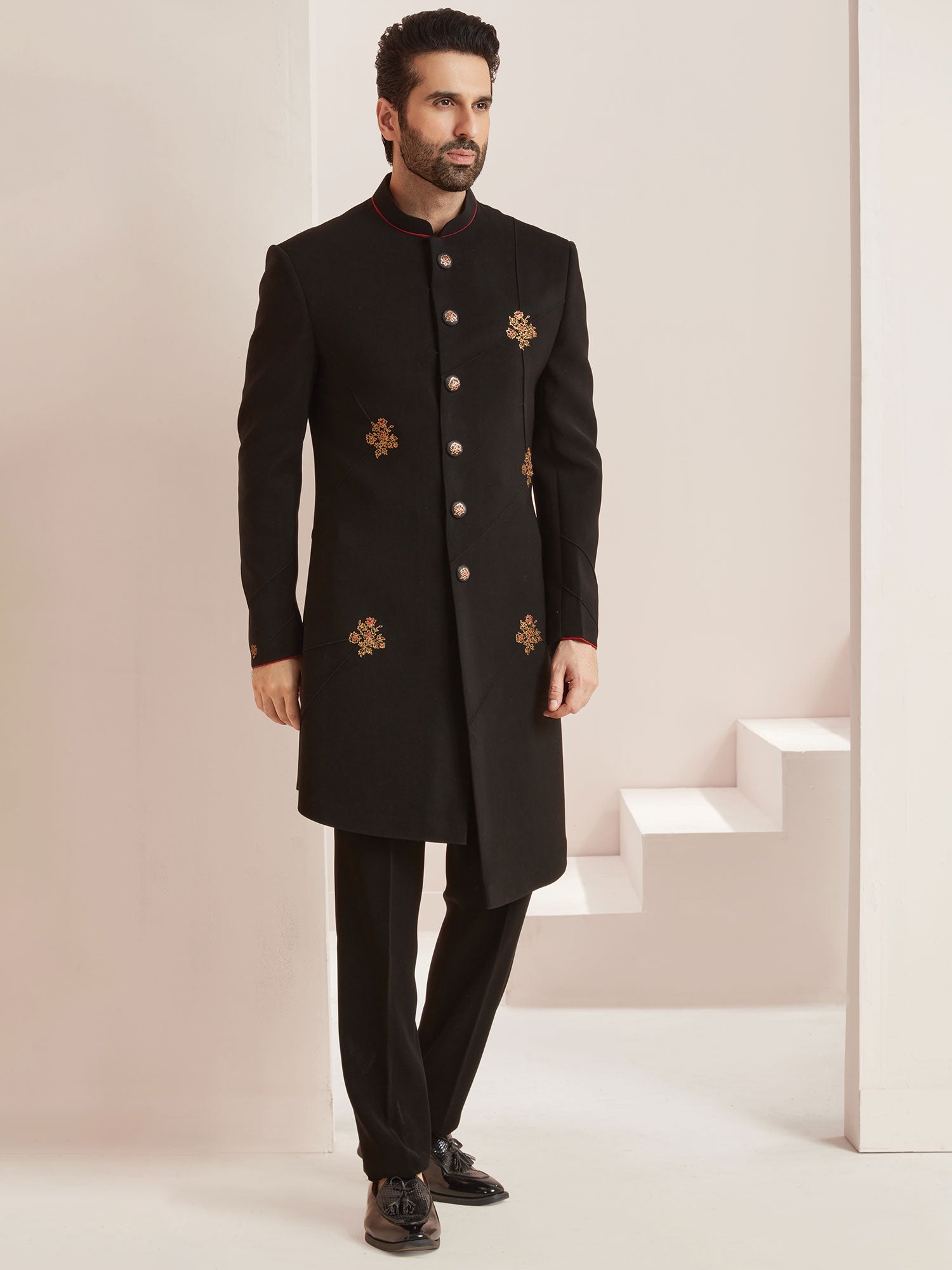 Black Asymmetric Silk Indo Western For Men