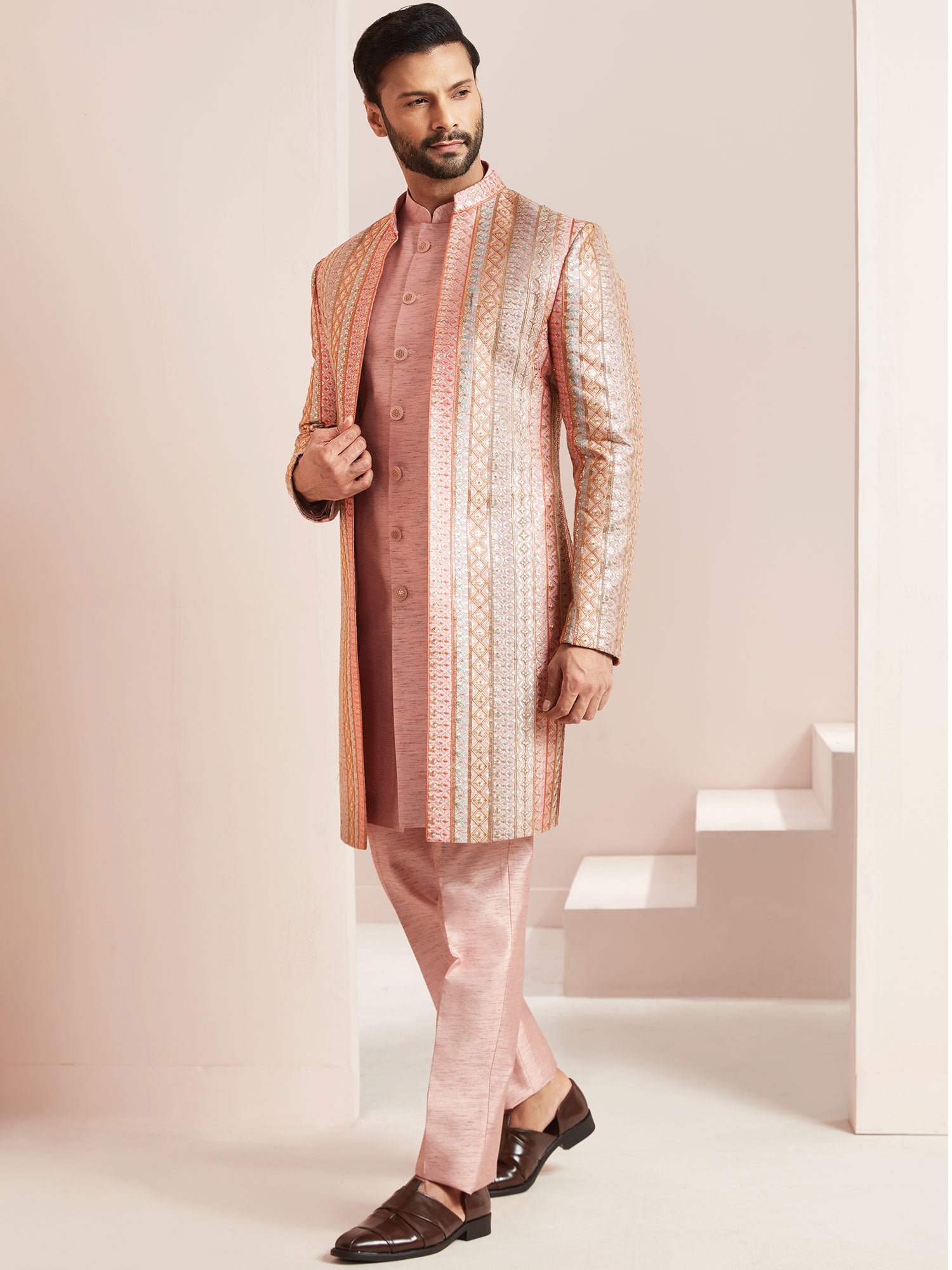 Peach Layered Indo Western With Zari Embroidery