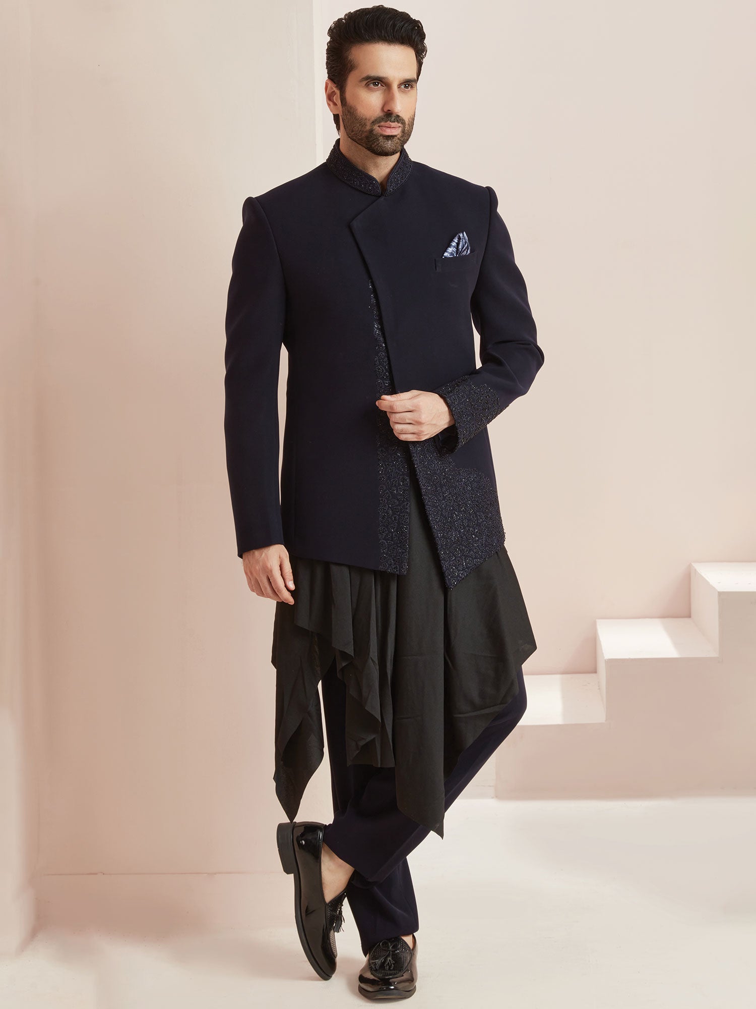 Blue Asymmetric Party Wear Indo Western In Silk