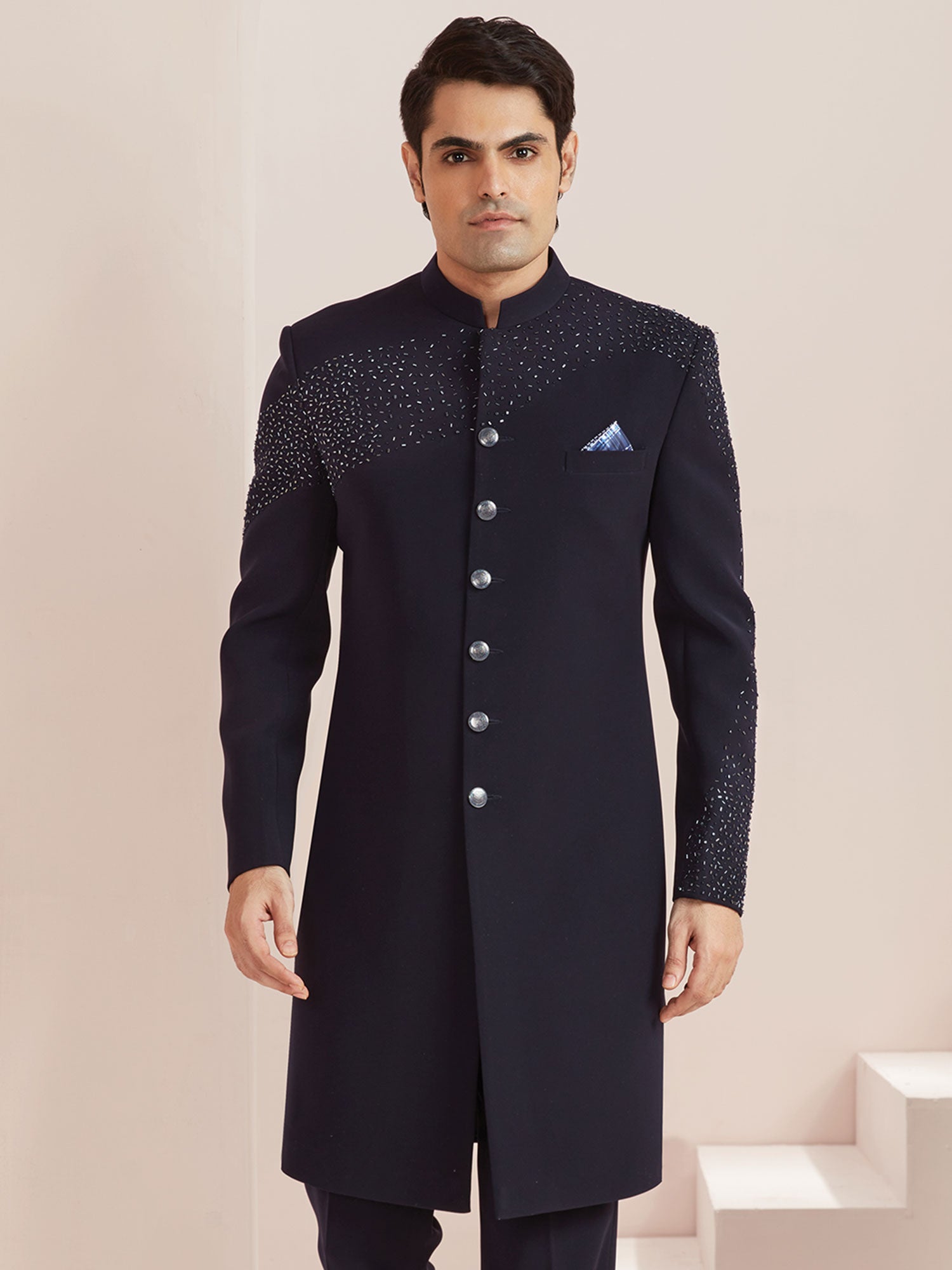 Blue Cocktail Indo Western In Silk