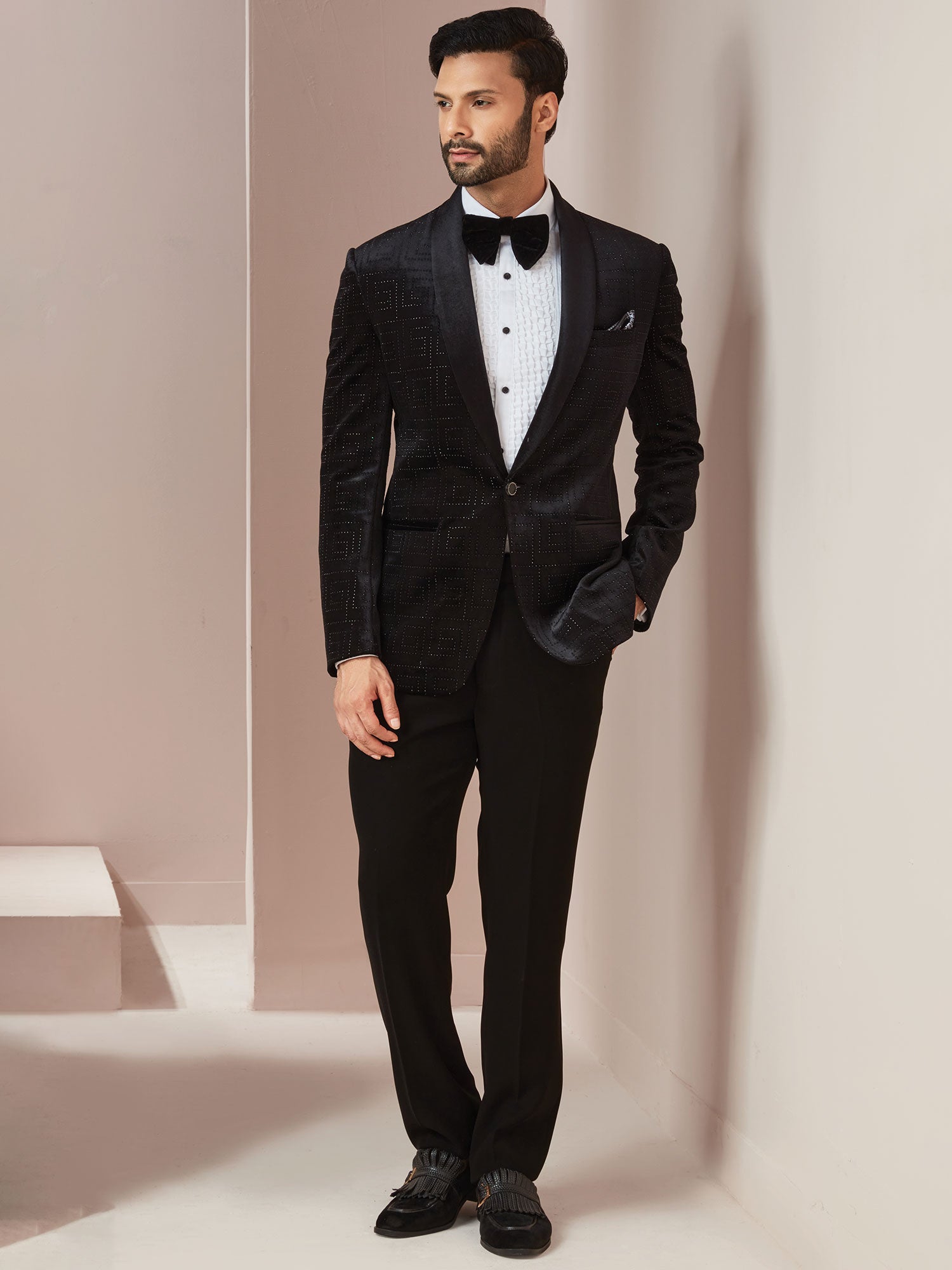 Black Designer Tuxedo Suit With Hand Work