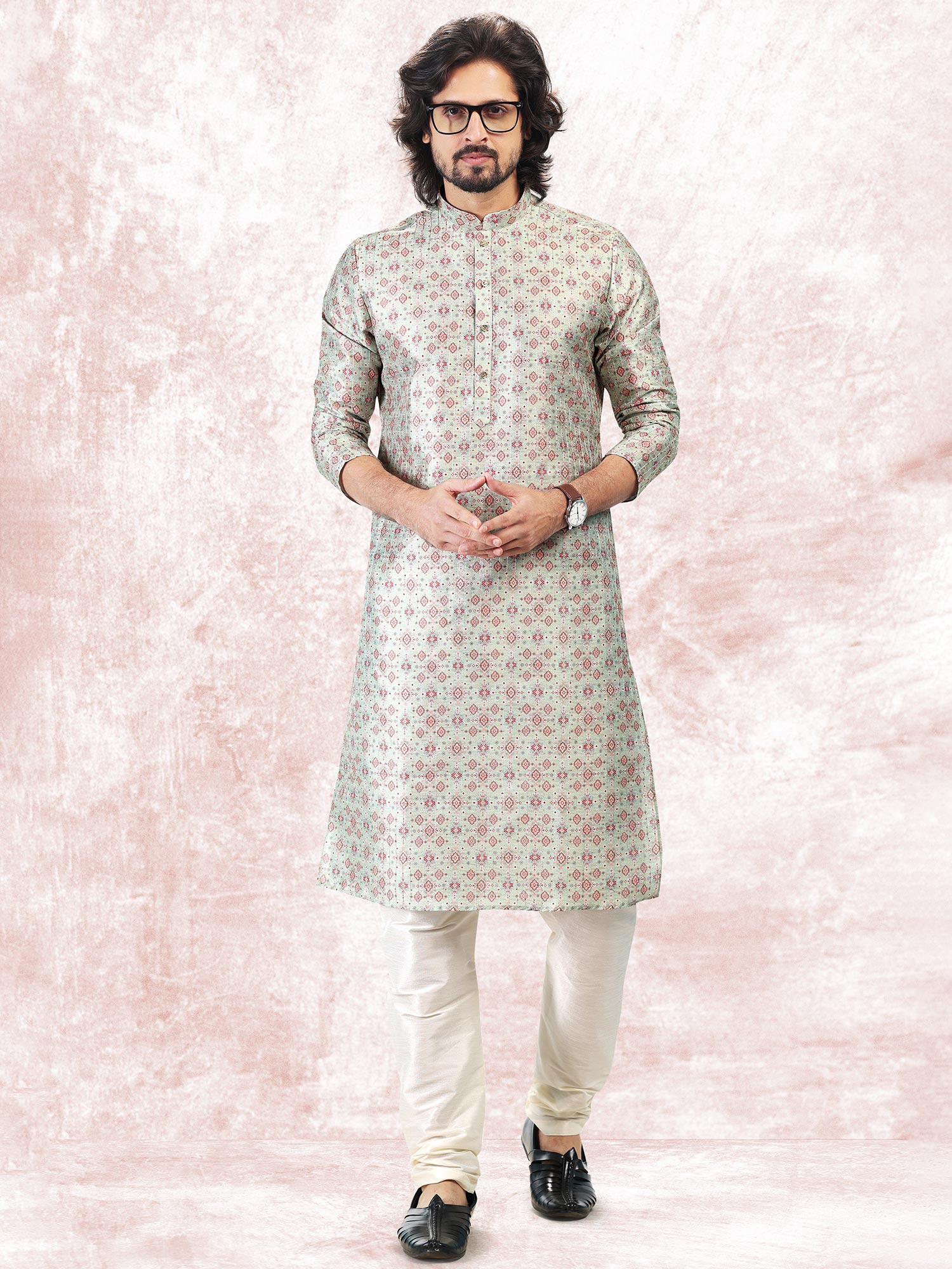 Green Printed Banarasi Silk Kurta Pyjama