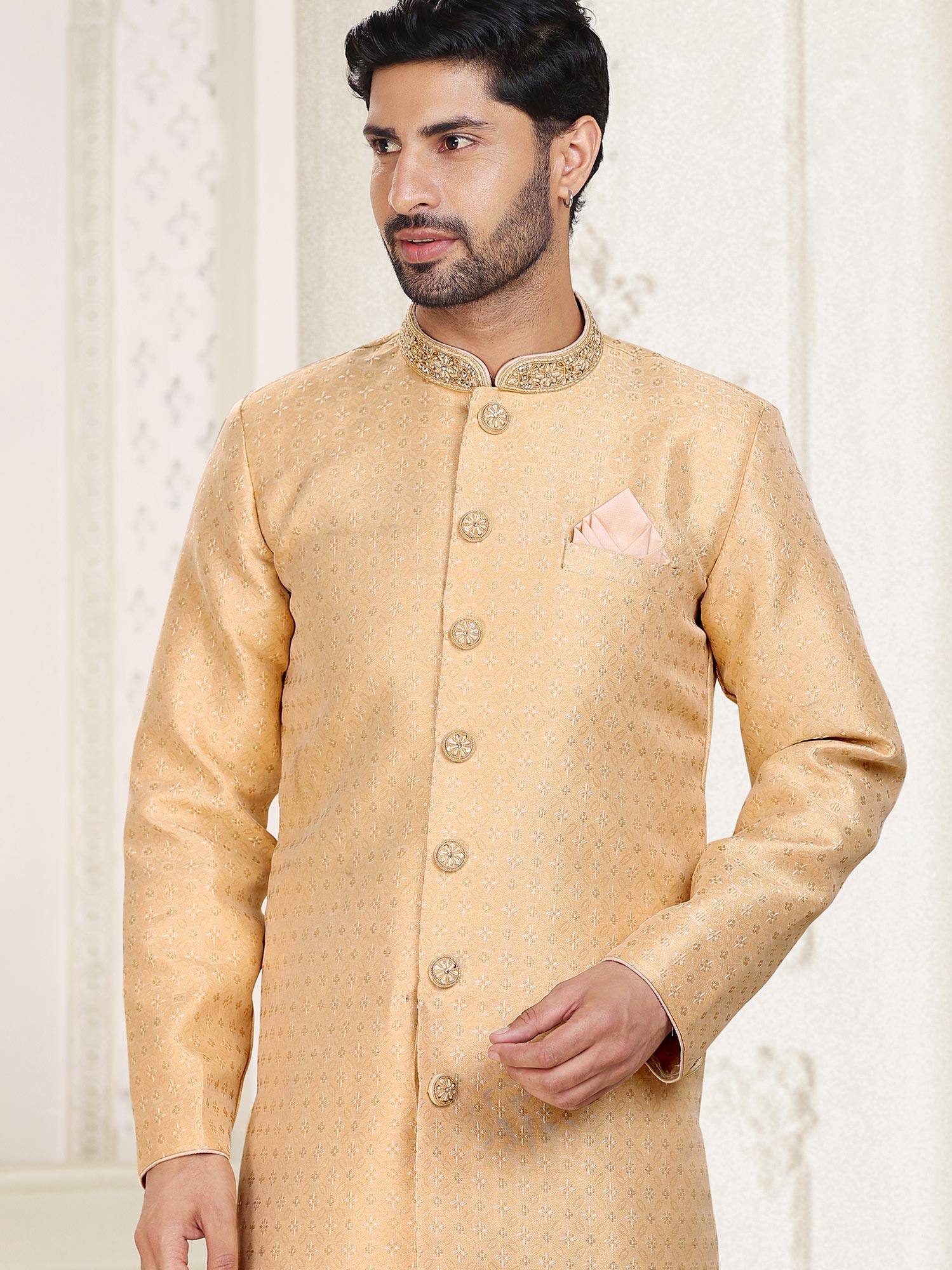 Beige Embroidered Kurta Pajama Set In Jacquard
