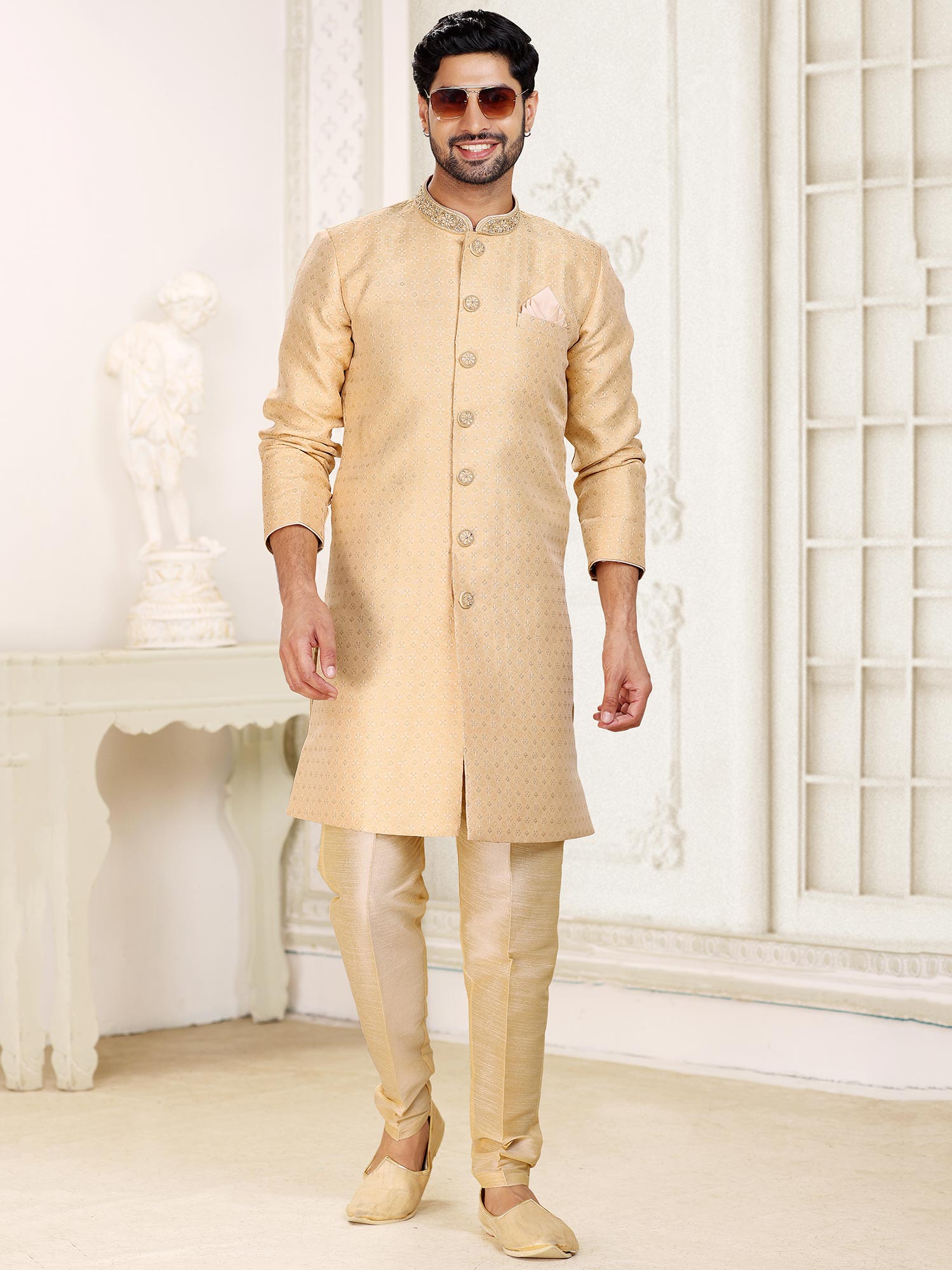 Beige Embroidered Kurta Pajama Set In Jacquard