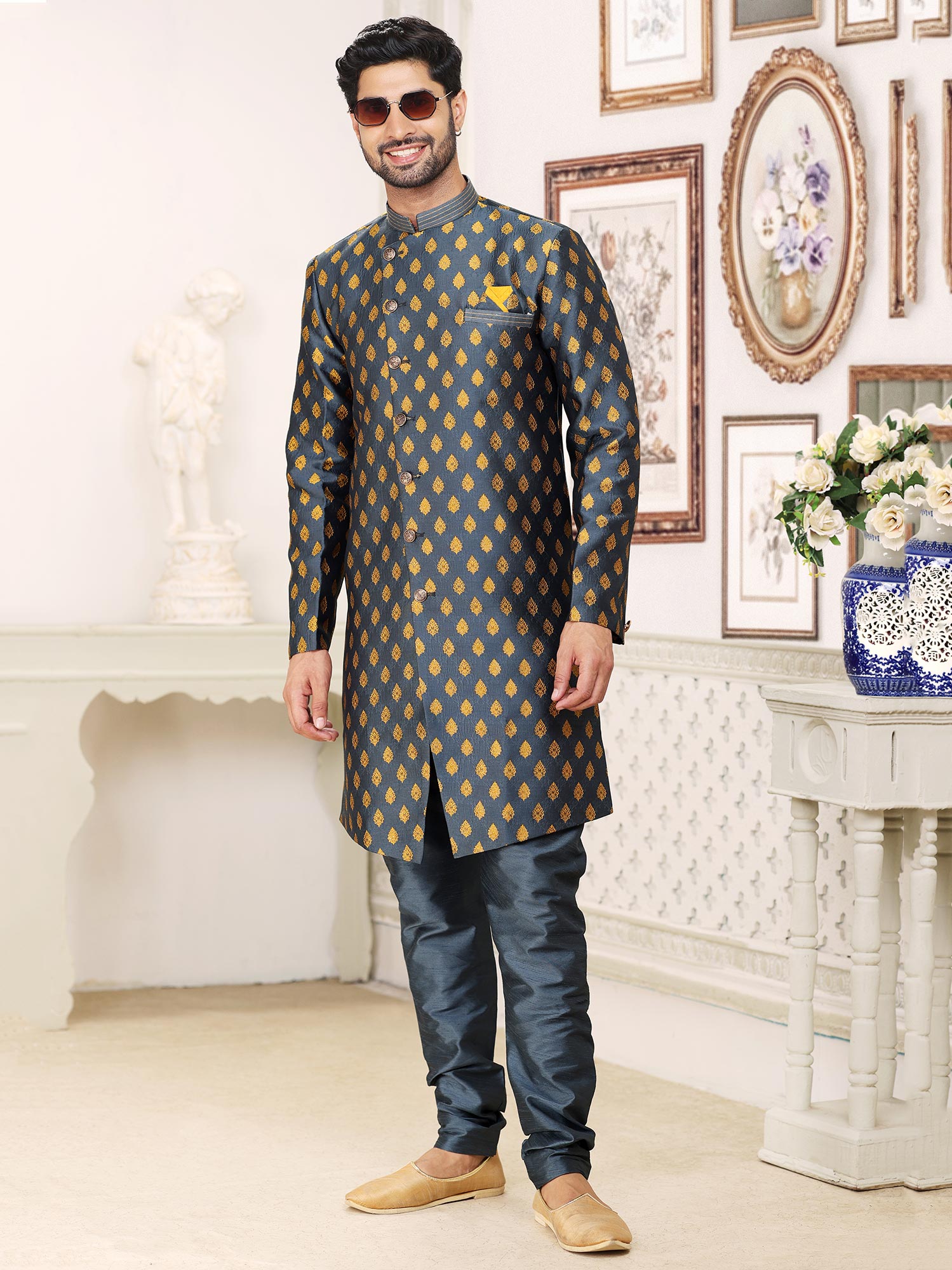 Grey Party Wear Kurta Pyjama With Weaves