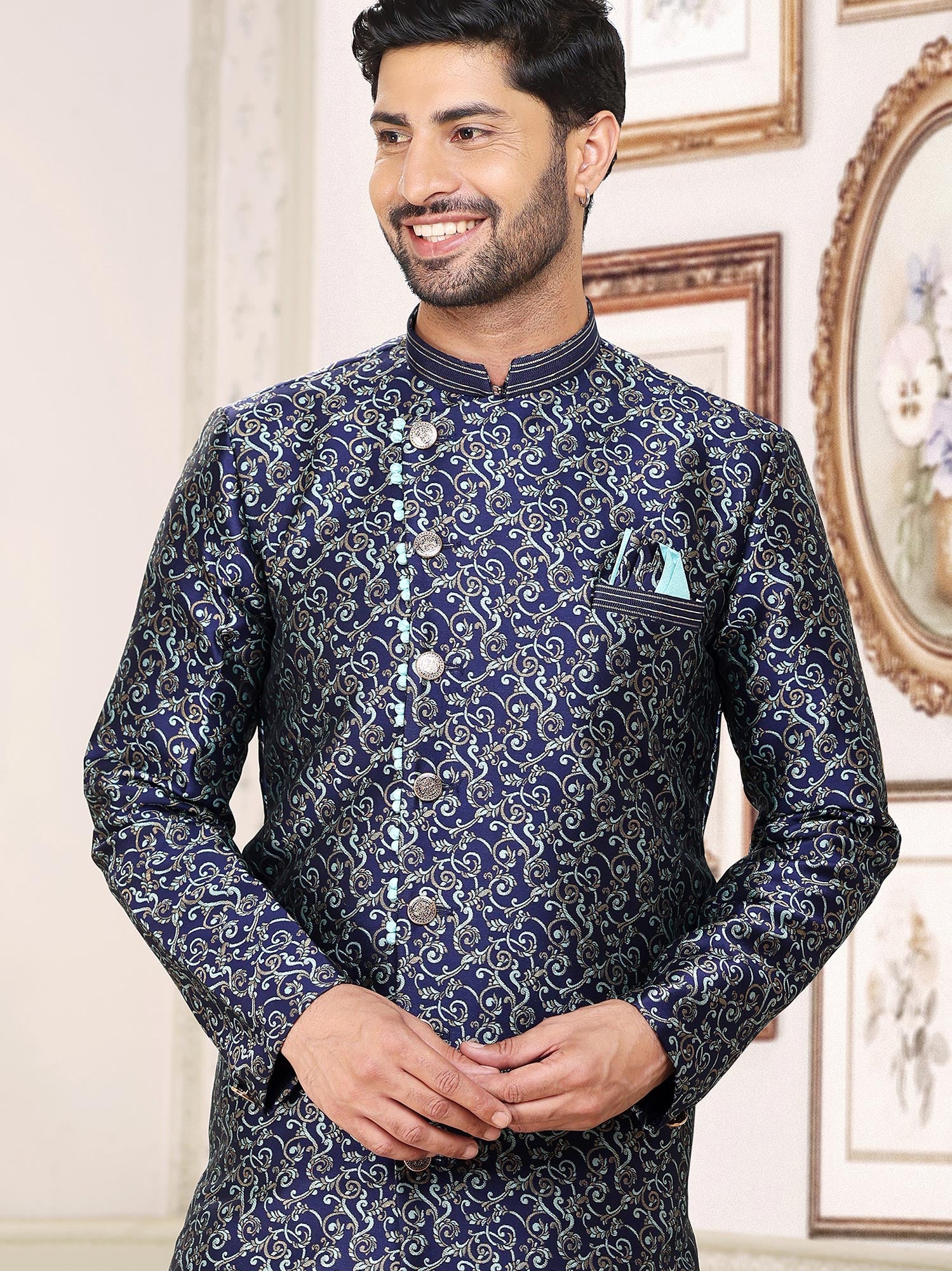 Blue Woven Fetsive Kurta Pajama In Jacquard