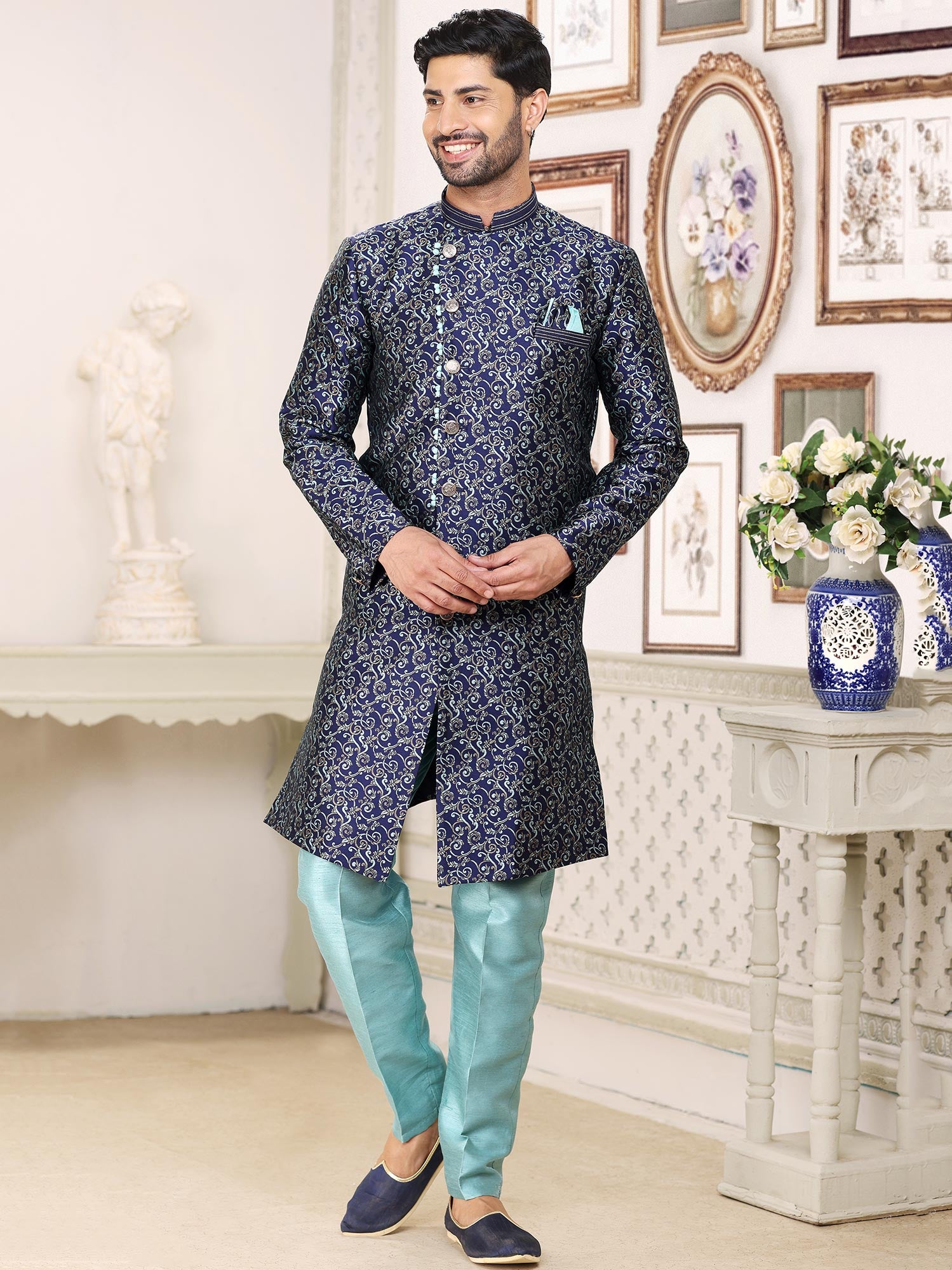 Blue Woven Fetsive Kurta Pajama In Jacquard