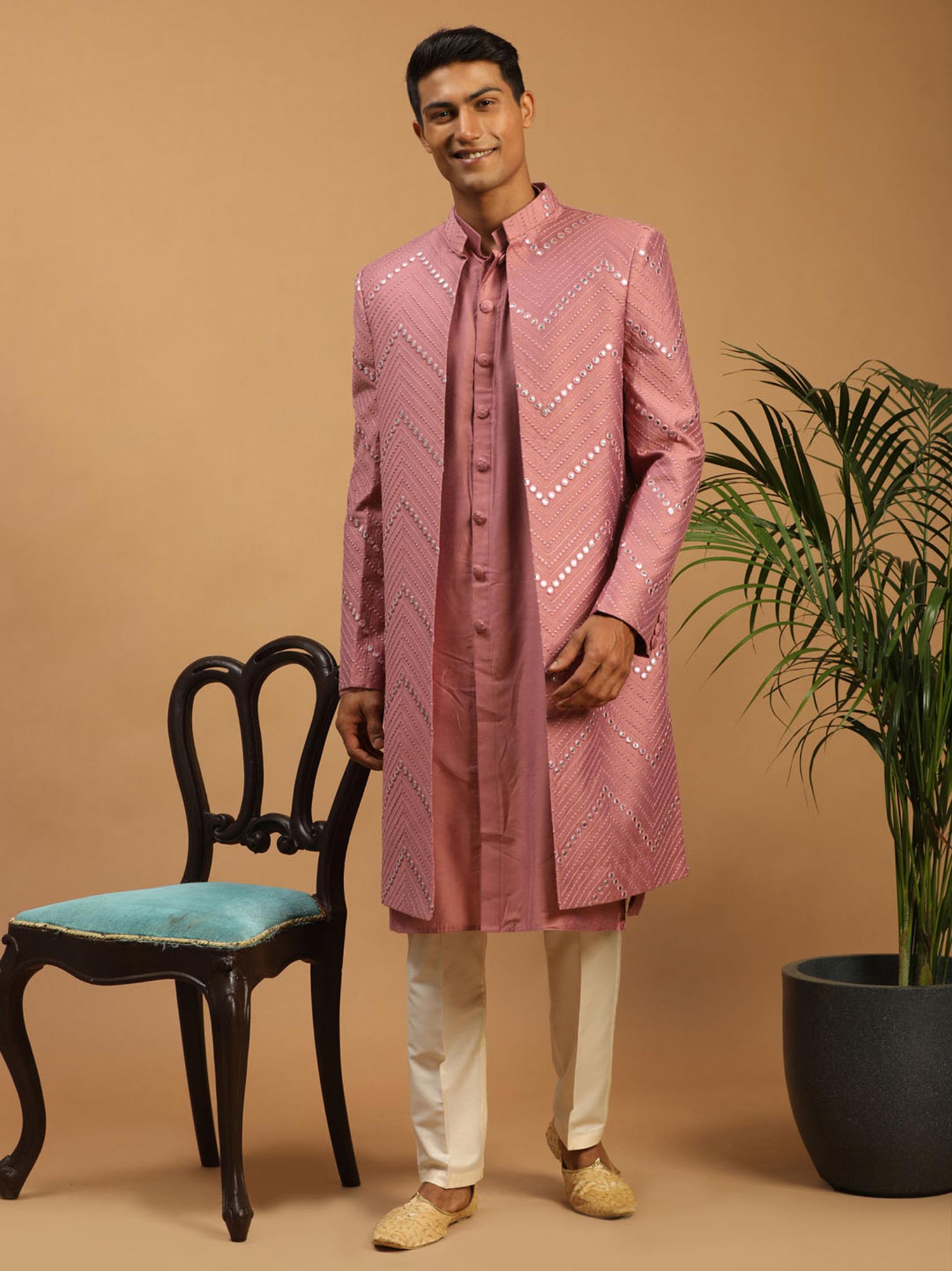 Pink Art Silk Indo Western With Mirror Work