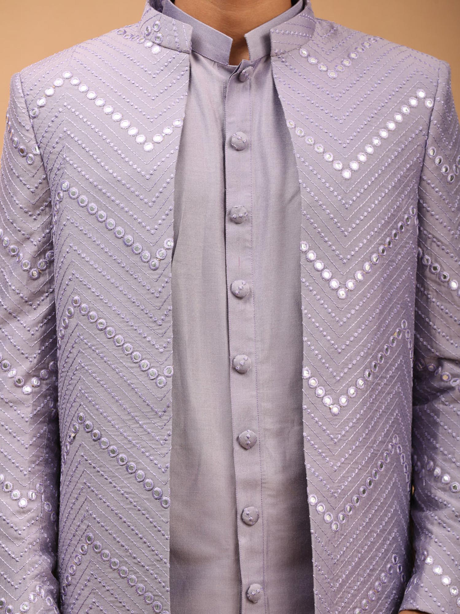 Purple Mirror Work Indo Western In Art Silk