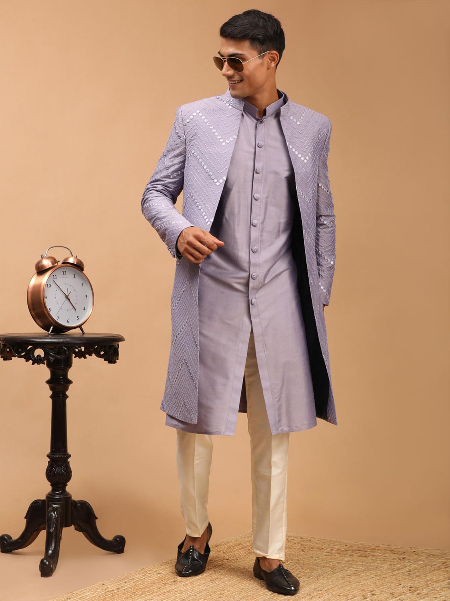 Purple Mirror Work Indo Western In Art Silk