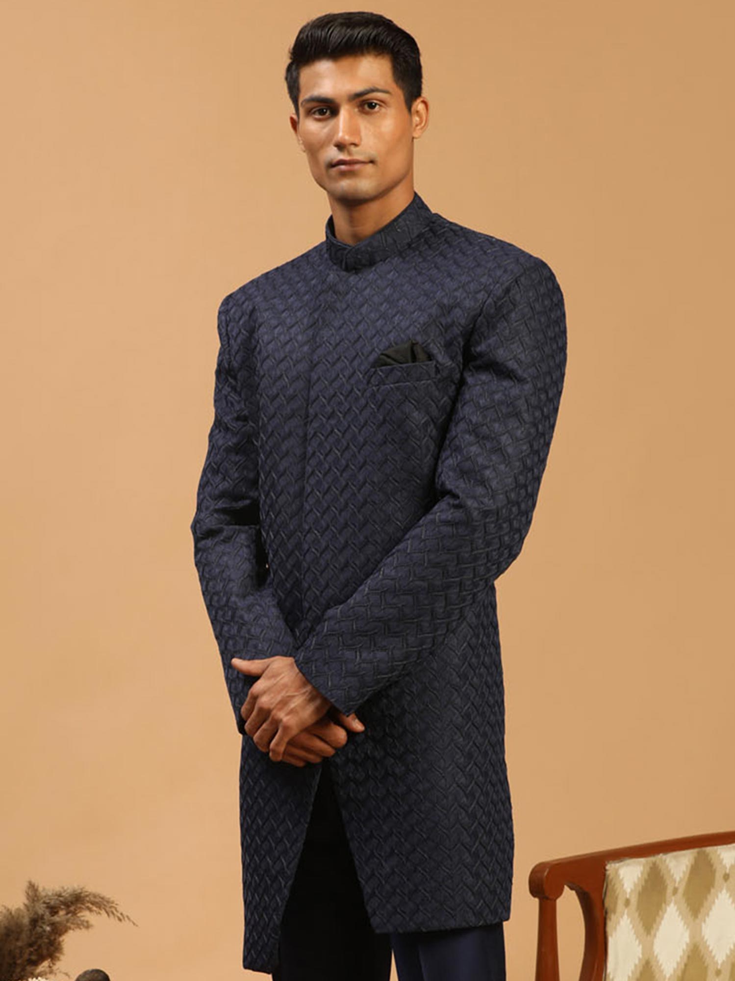 Blue Thread Embroidered Indo Western For Men