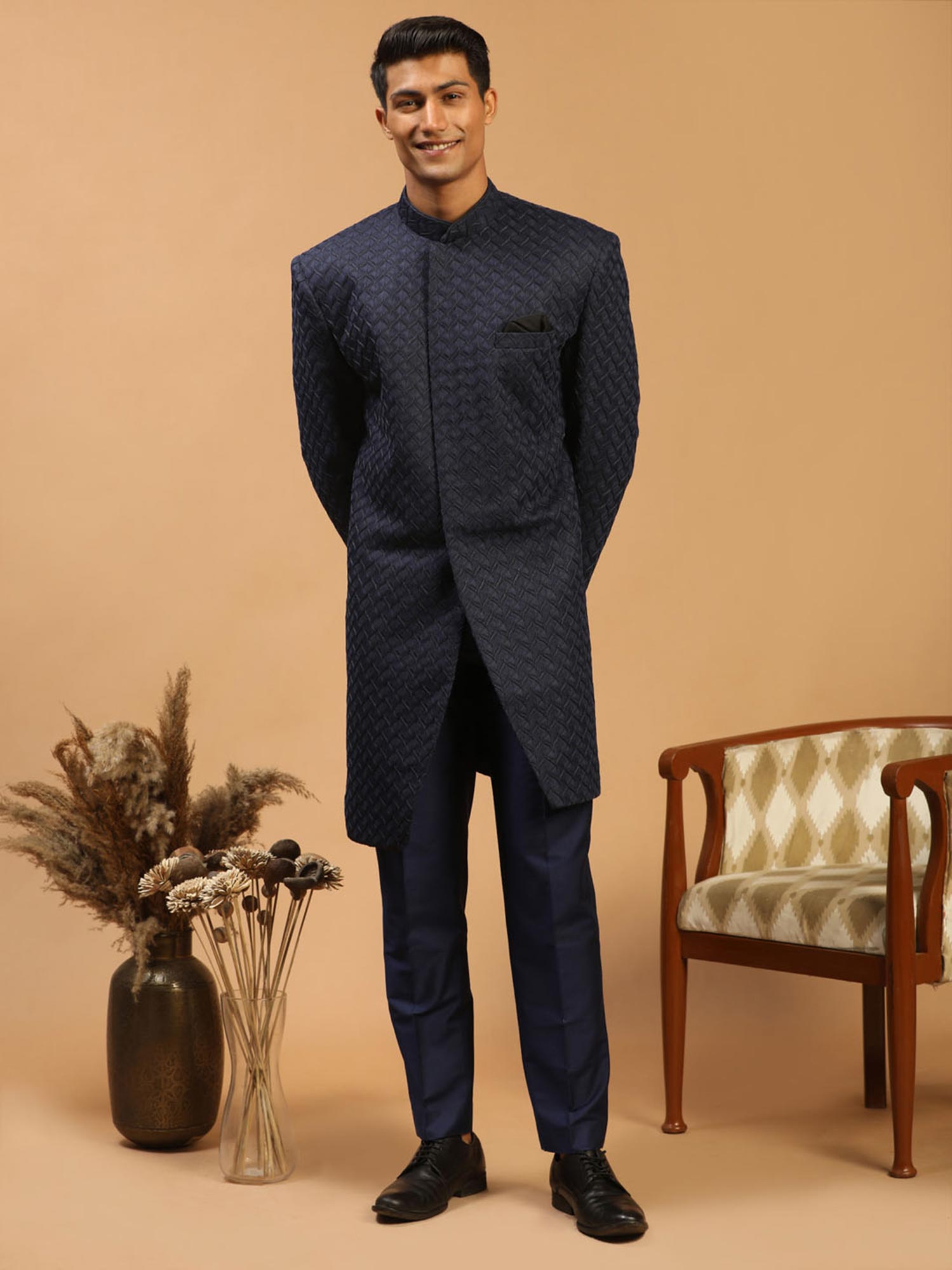 Blue Thread Embroidered Indo Western For Men