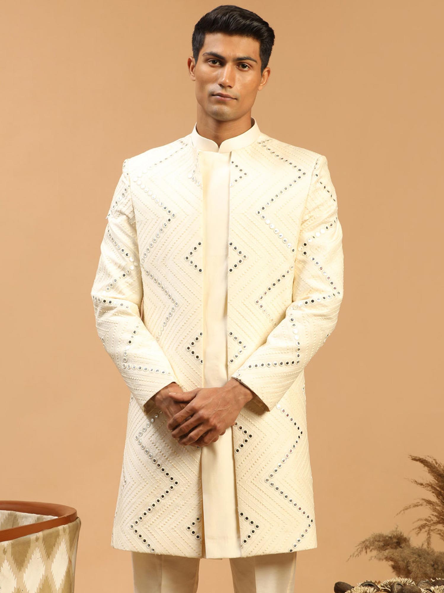 Cream Mirror Embroidered Layered Indo Western