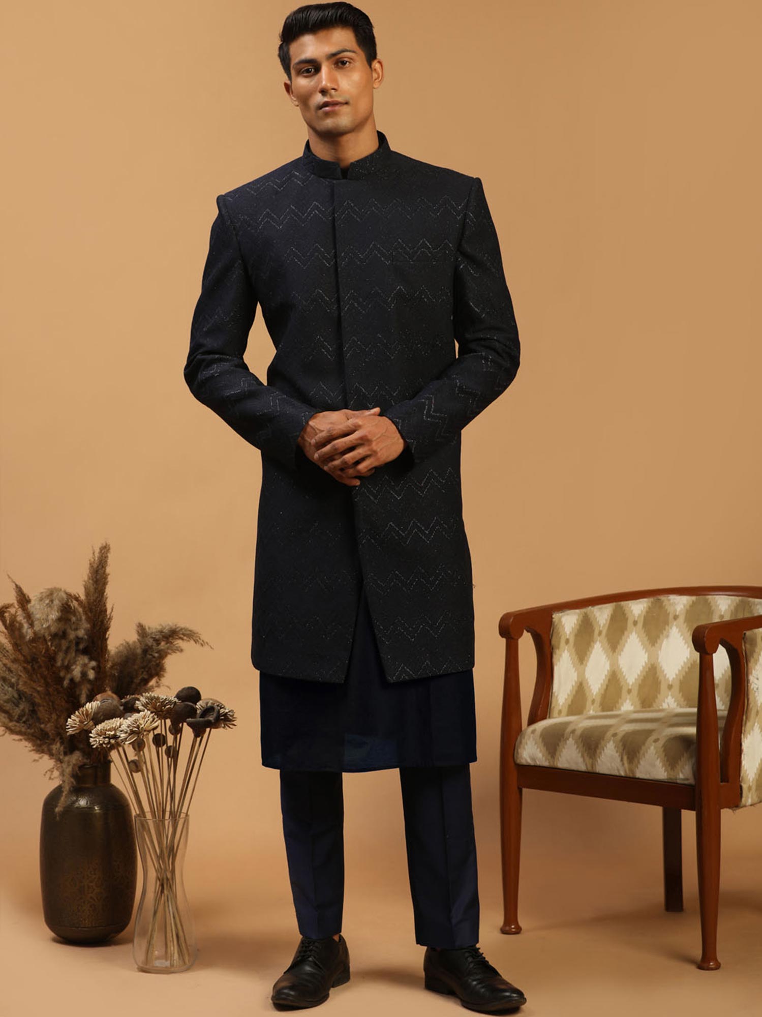 Blue Embroidered Jacket Style Indo Western