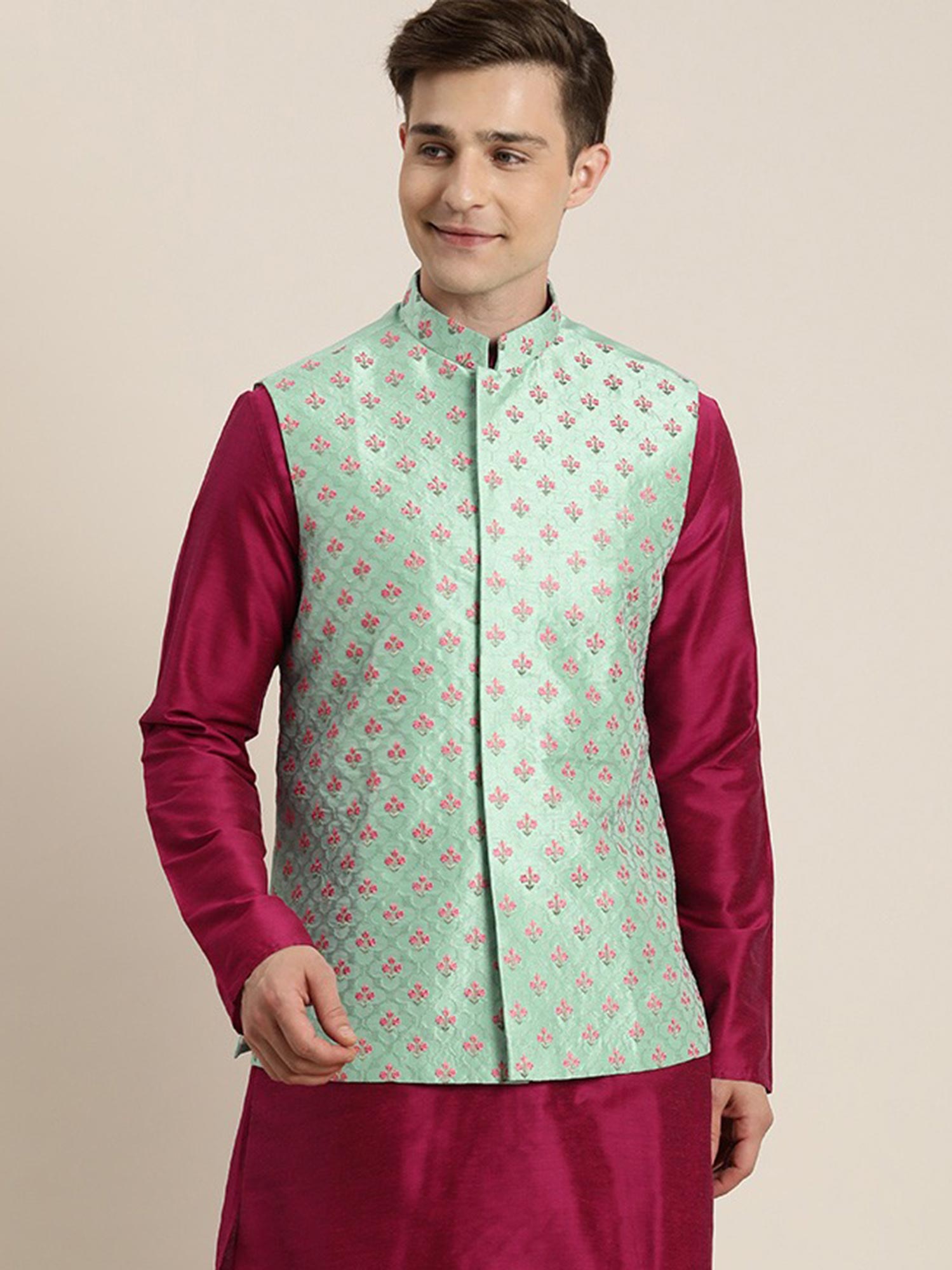 Magenta Readymade Kurta Pajama With Jacket