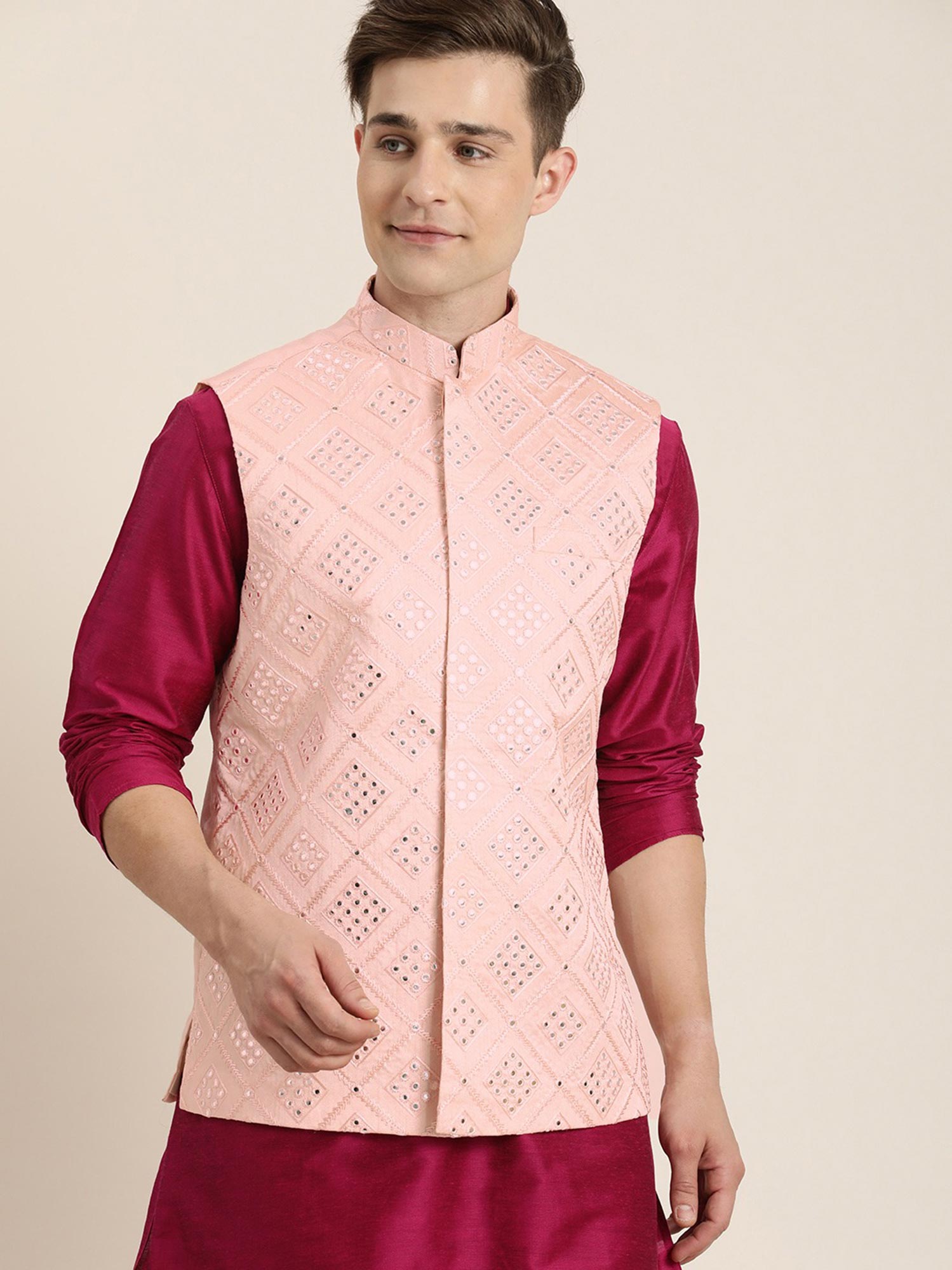 Magenta Festive Kurta Pyjama With Jacket Set